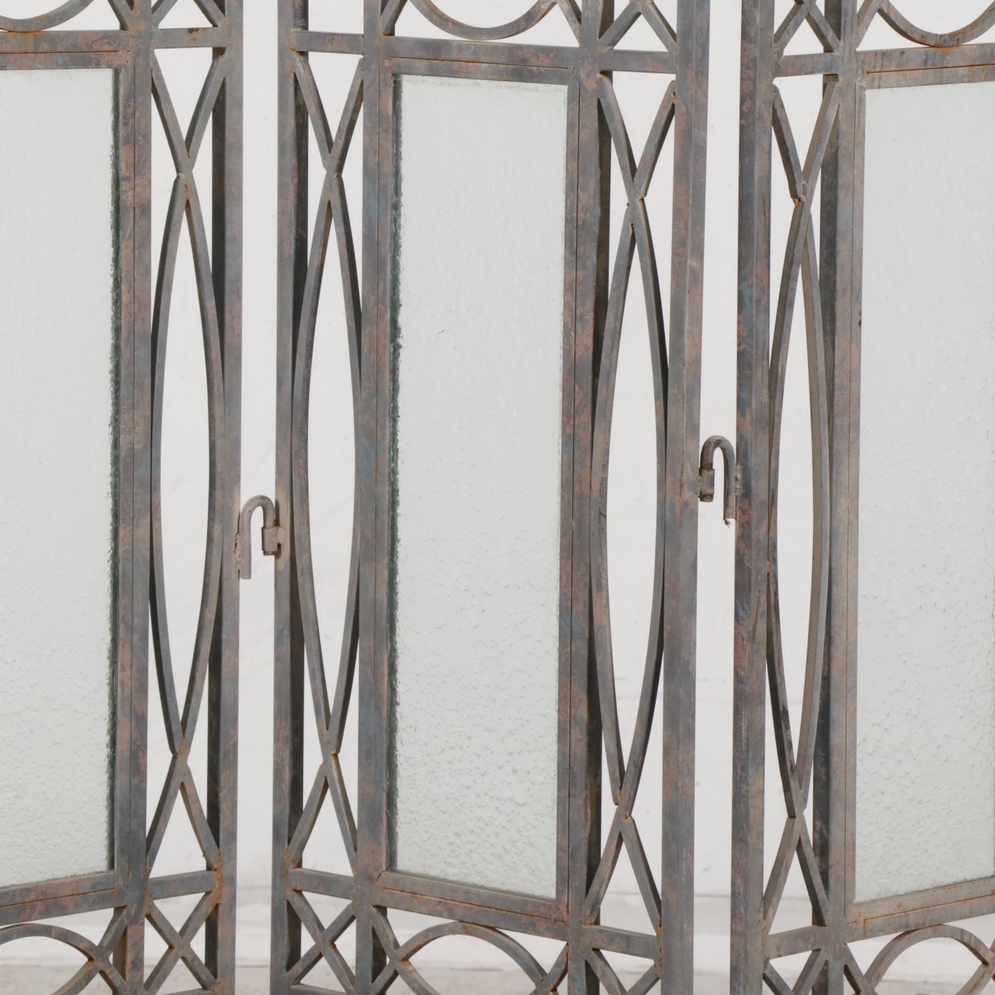 Gothic Style Bar Metal and Textured Glass Three-Panel Folding Screen