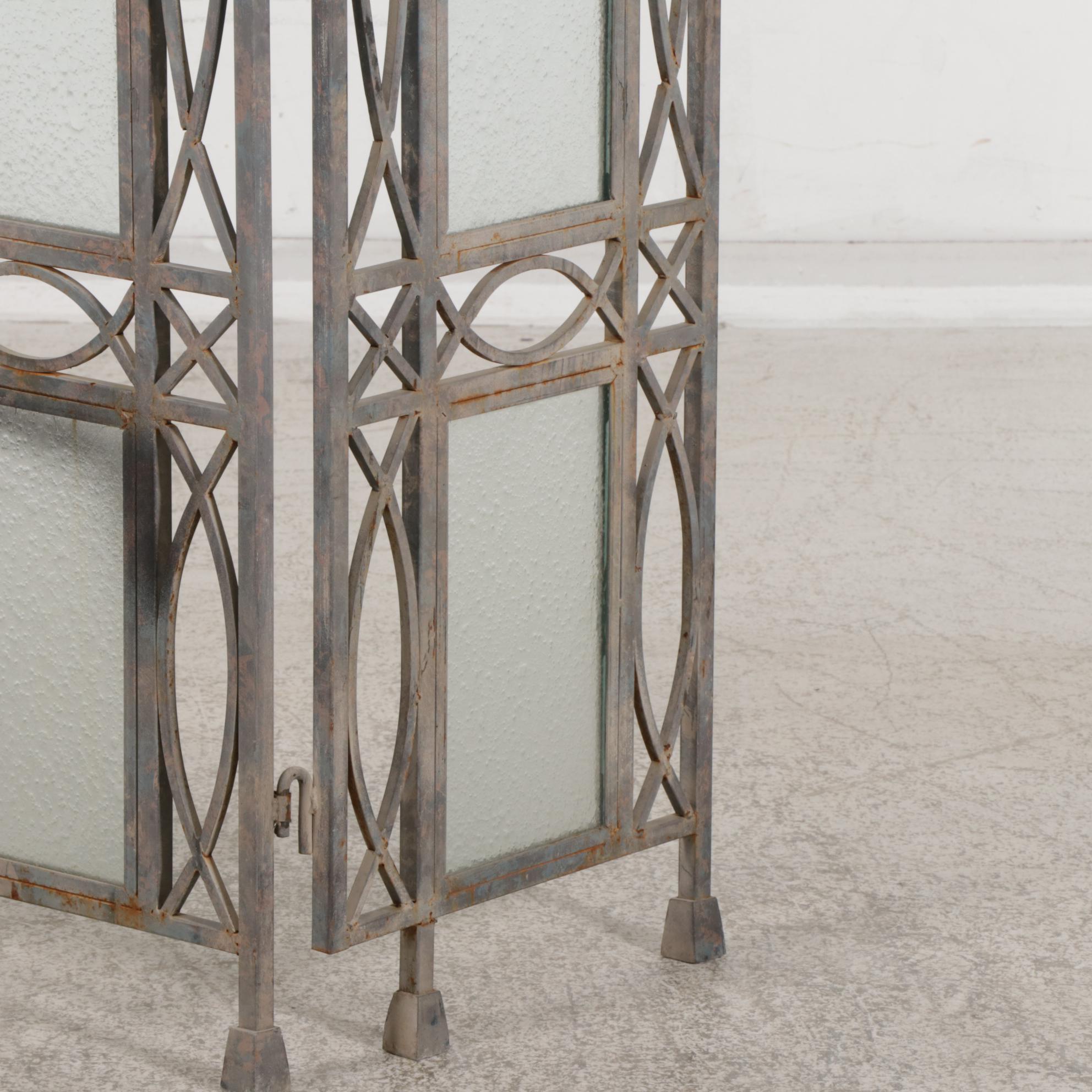 Gothic Style Bar Metal and Textured Glass Three-Panel Folding Screen