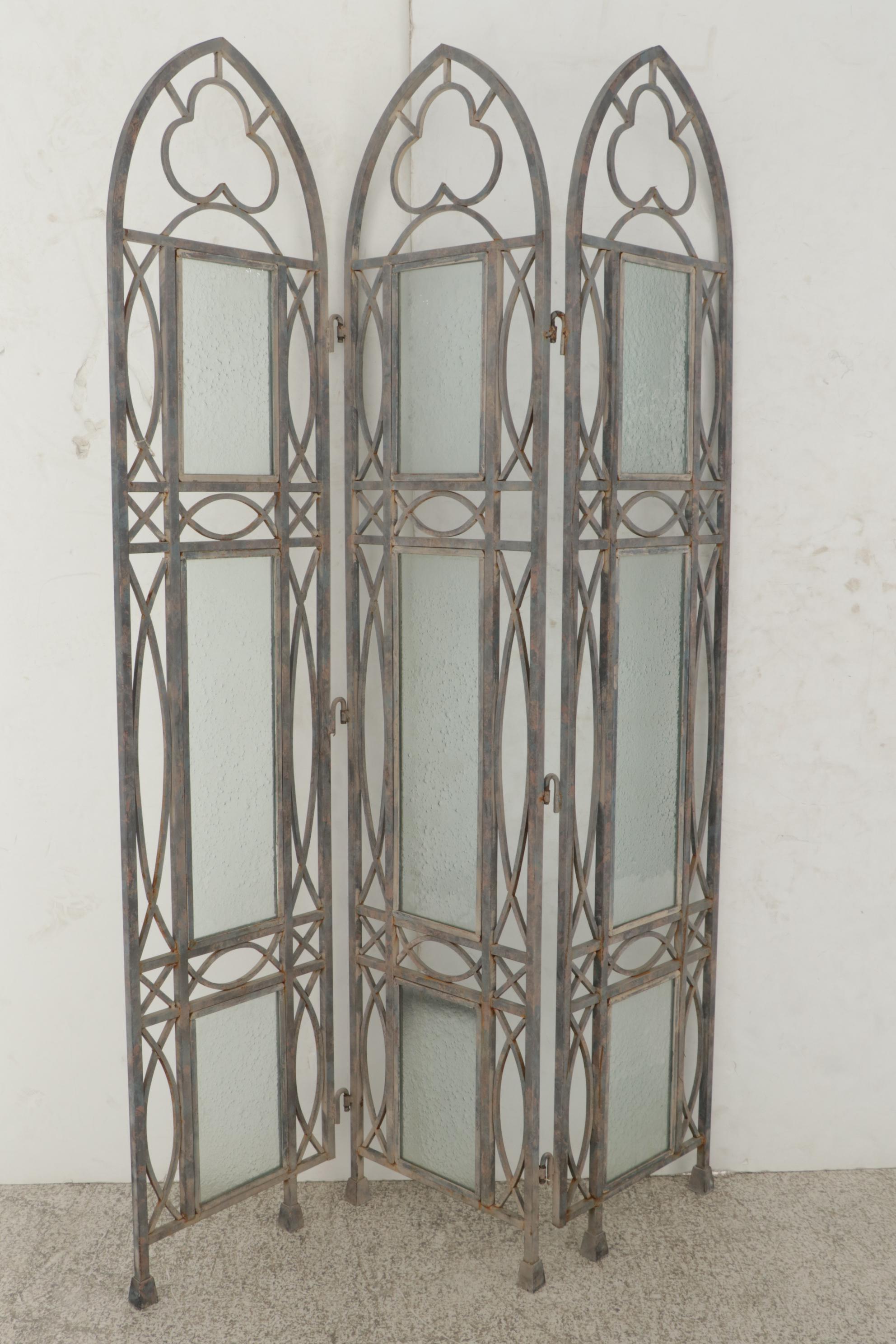 Gothic Style Bar Metal and Textured Glass Three-Panel Folding Screen