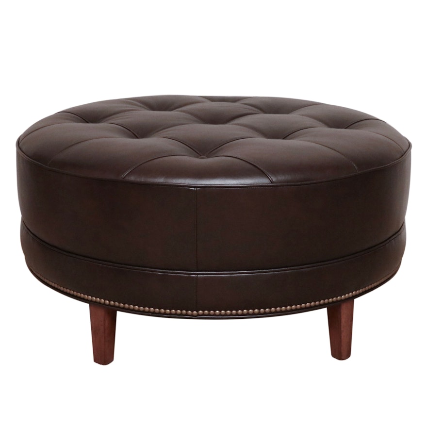 Ethan Allen "Nassau" Tufted Leather Round Cocktail Ottoman