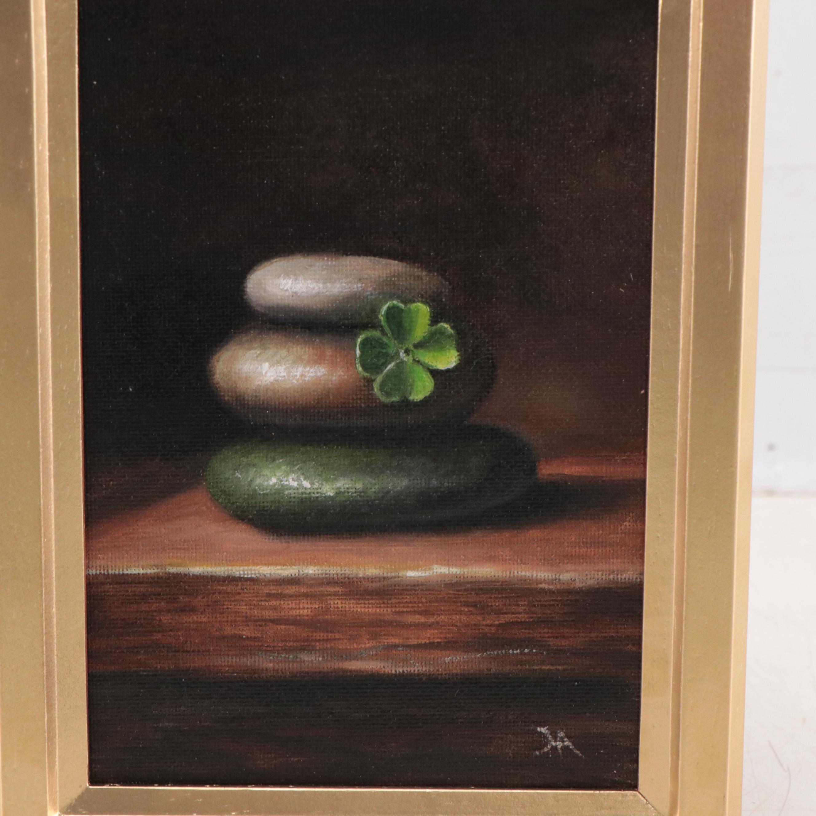 Houra H. Alghizzi Still Life Oil Painting "Zen Rocks and Lucky Shamrock"
