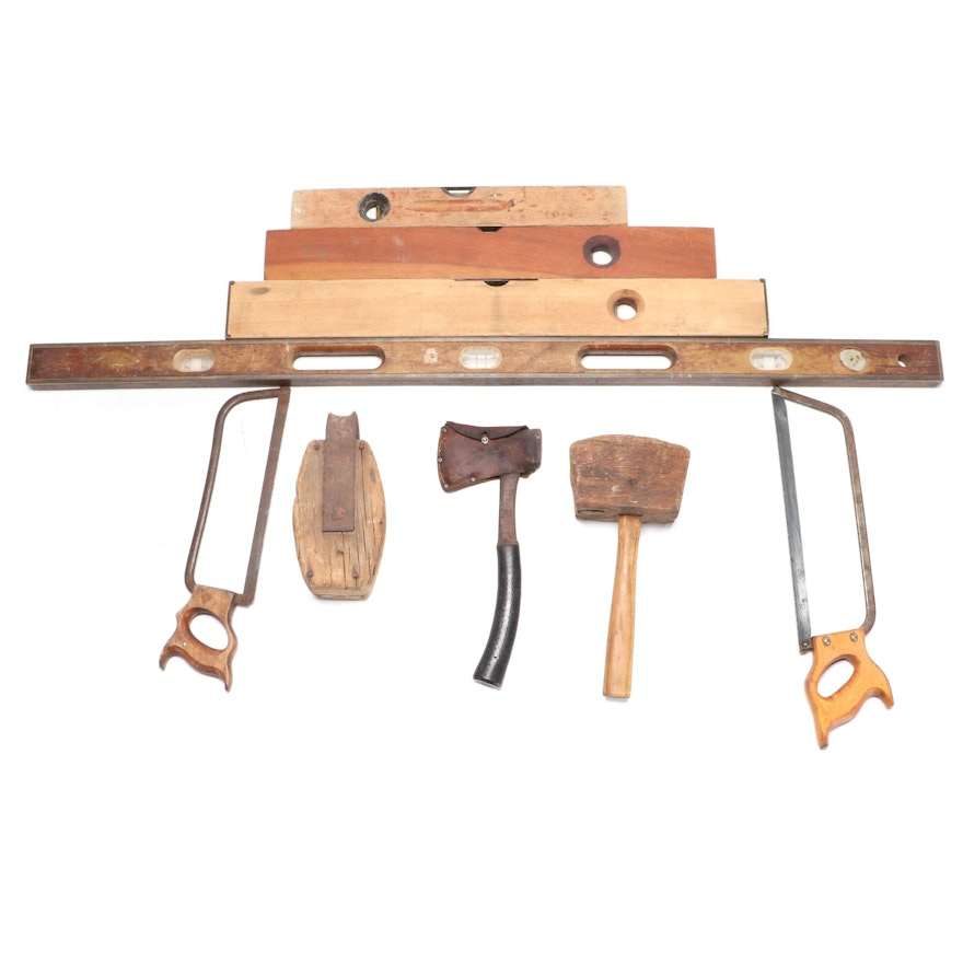 Wooden Spirit Levels With Frame Saws, Plumb Bob, Hatchet and Mallet