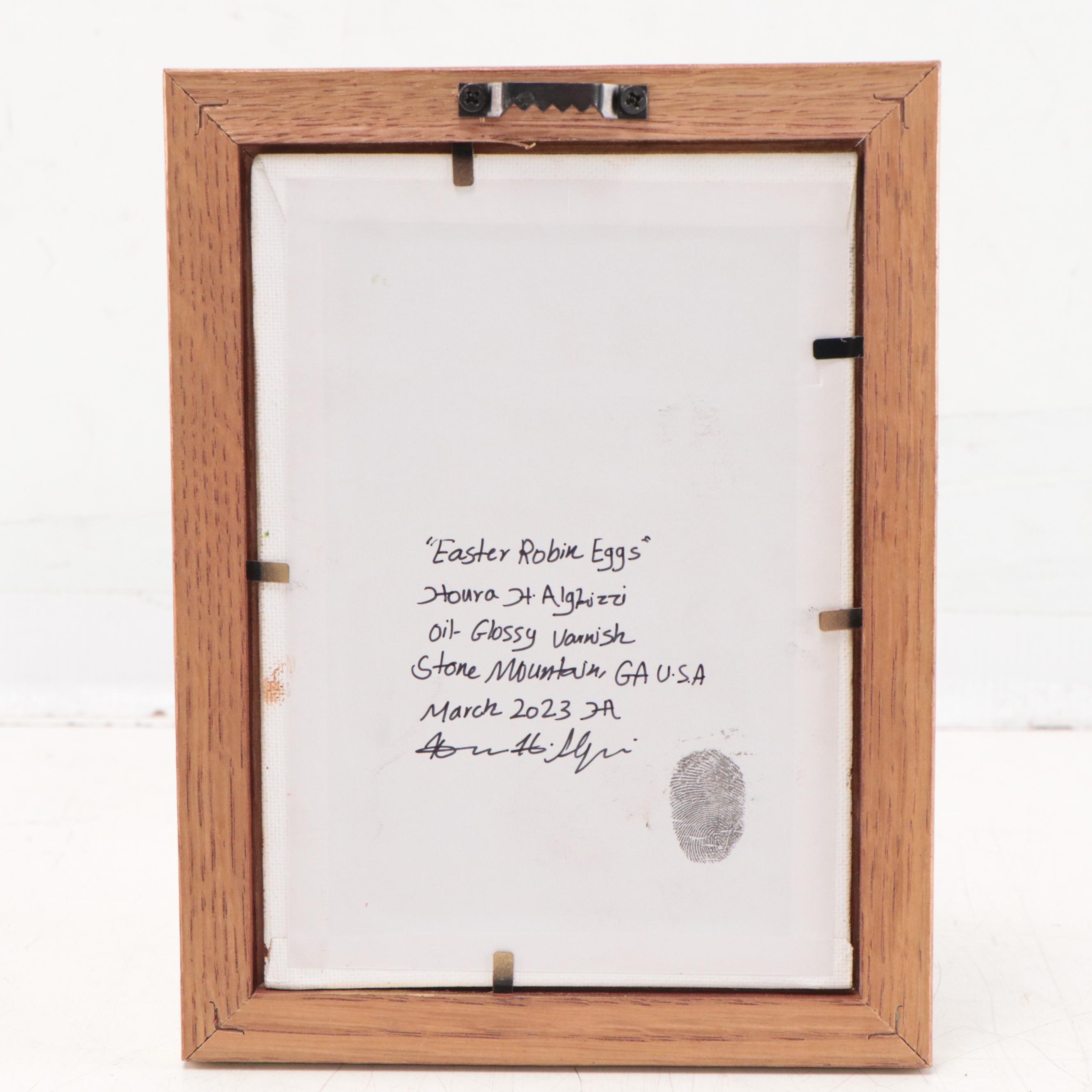 Houra H. Alghizzi Still Life Oil Painting "Easter Robin Eggs" 2023