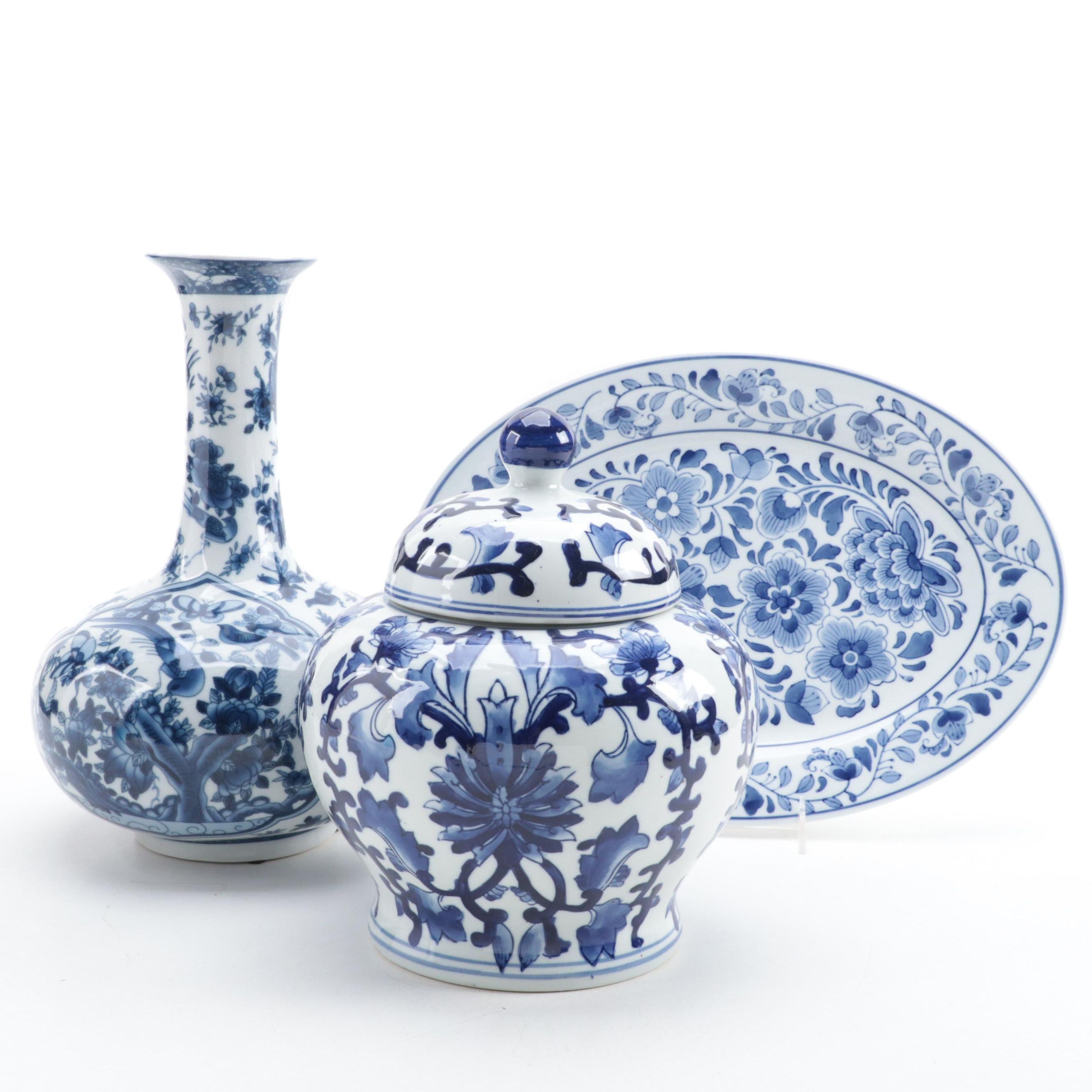 Chinese Blue and White Porcelain Ginger Jar, Vases and Delft Style Platter