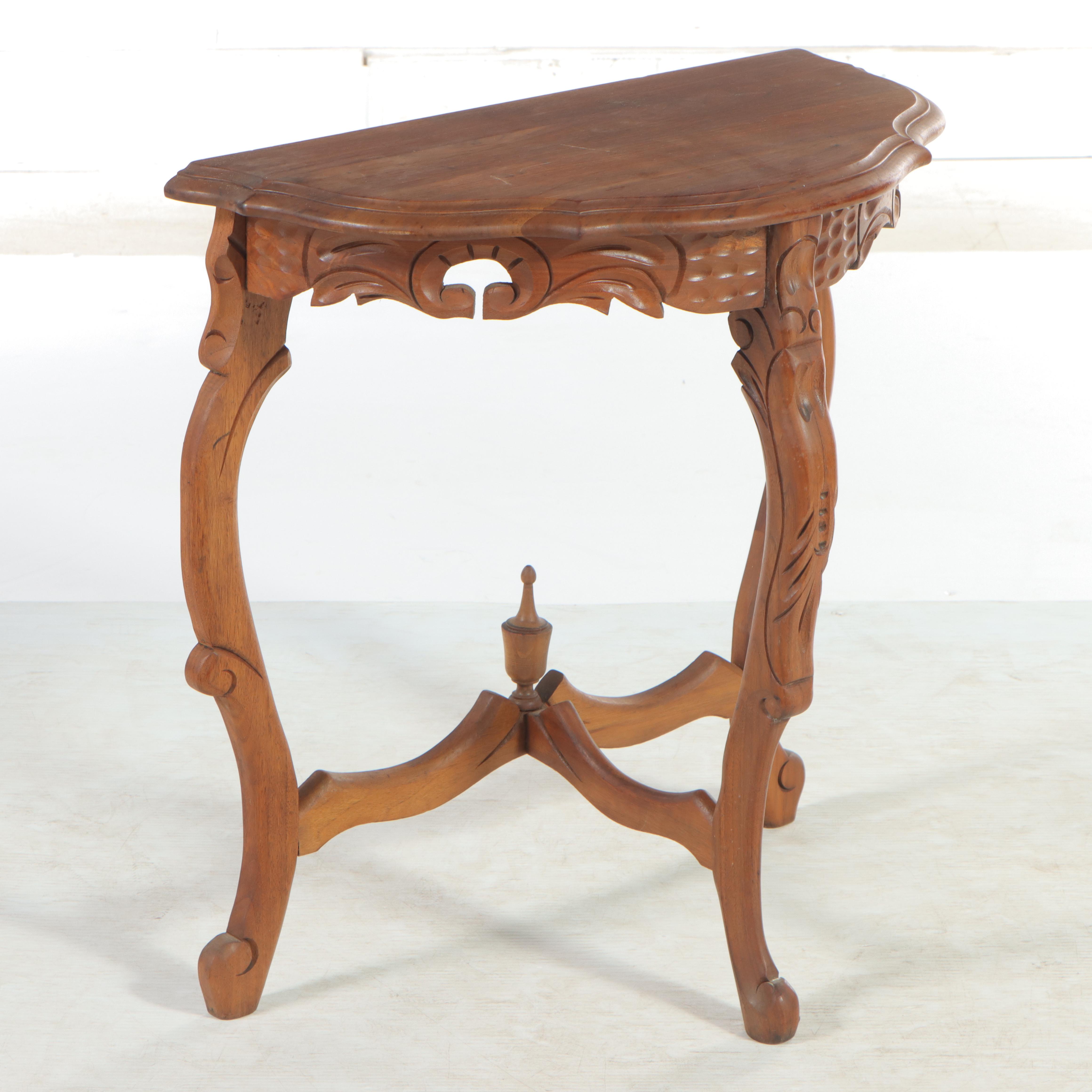 Rococo Style Carved Walnut Demilune Side Table, 20th Century
