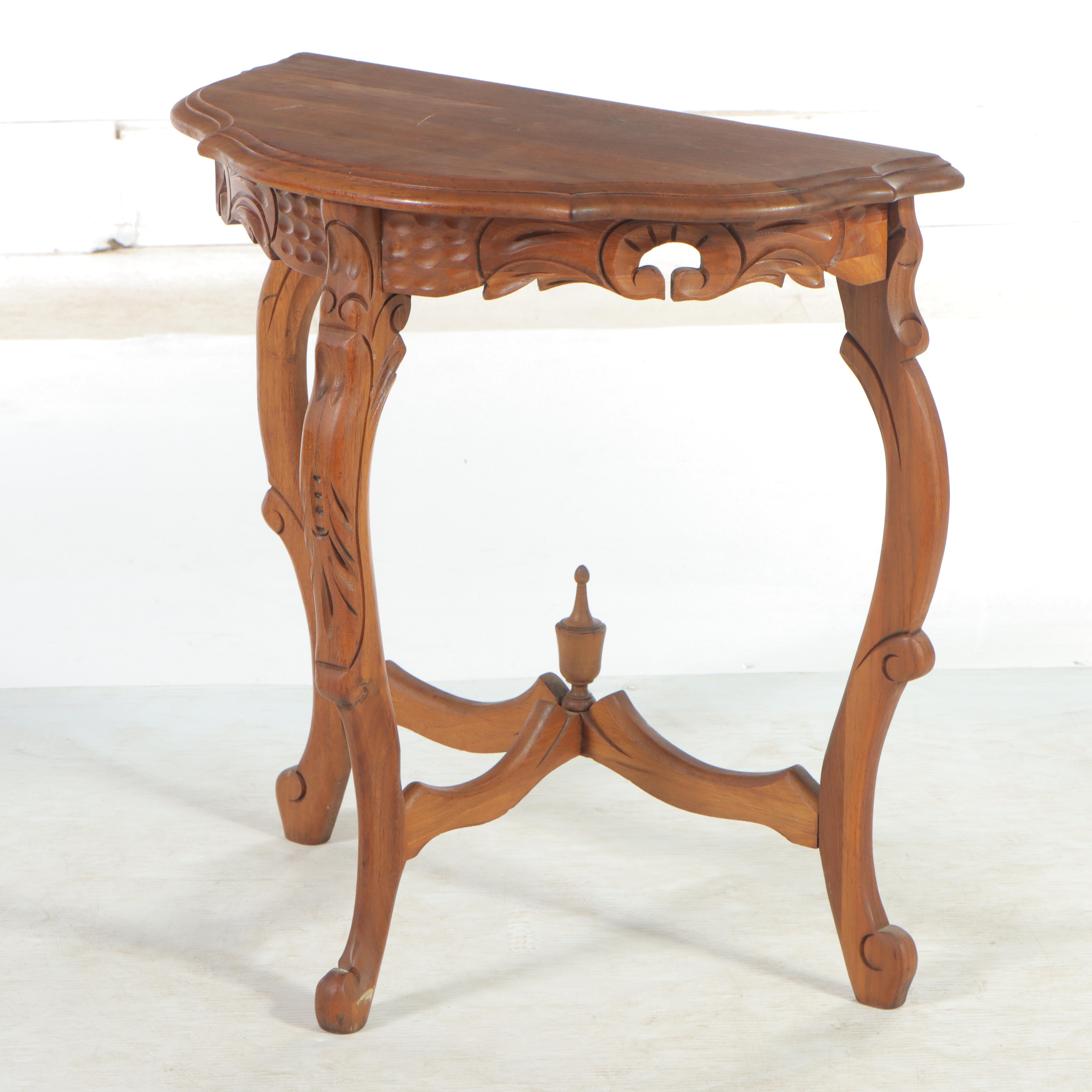 Rococo Style Carved Walnut Demilune Side Table, 20th Century
