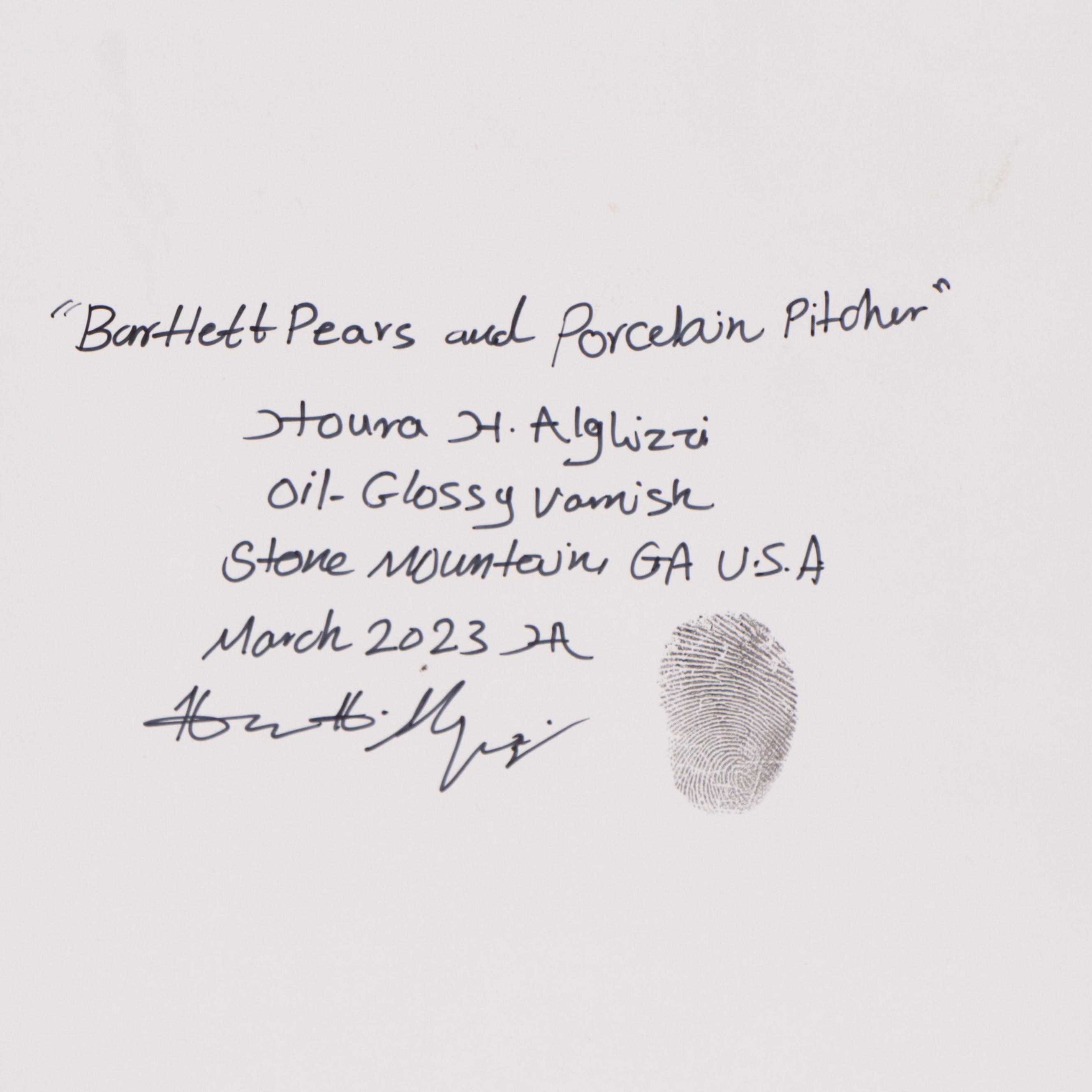 Houra H. Alghizzi Still Life Oil Painting "Bartlett Pear and Porcelain Pitcher"