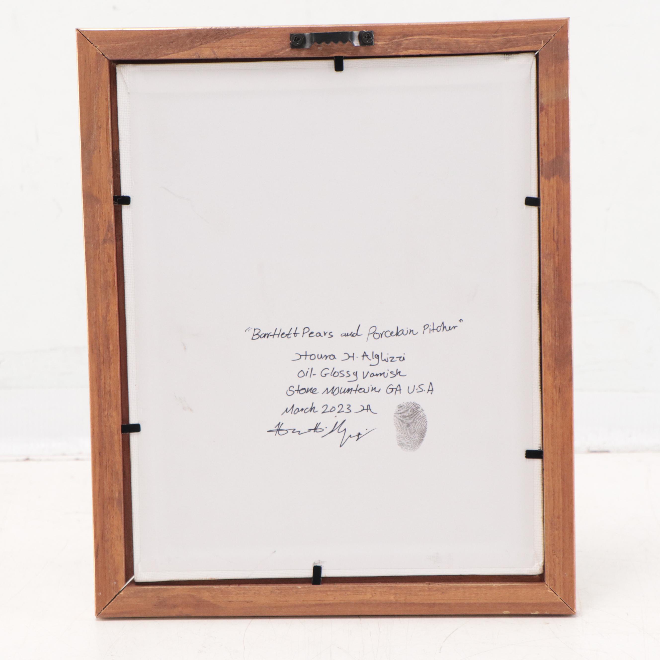 Houra H. Alghizzi Still Life Oil Painting "Bartlett Pear and Porcelain Pitcher"