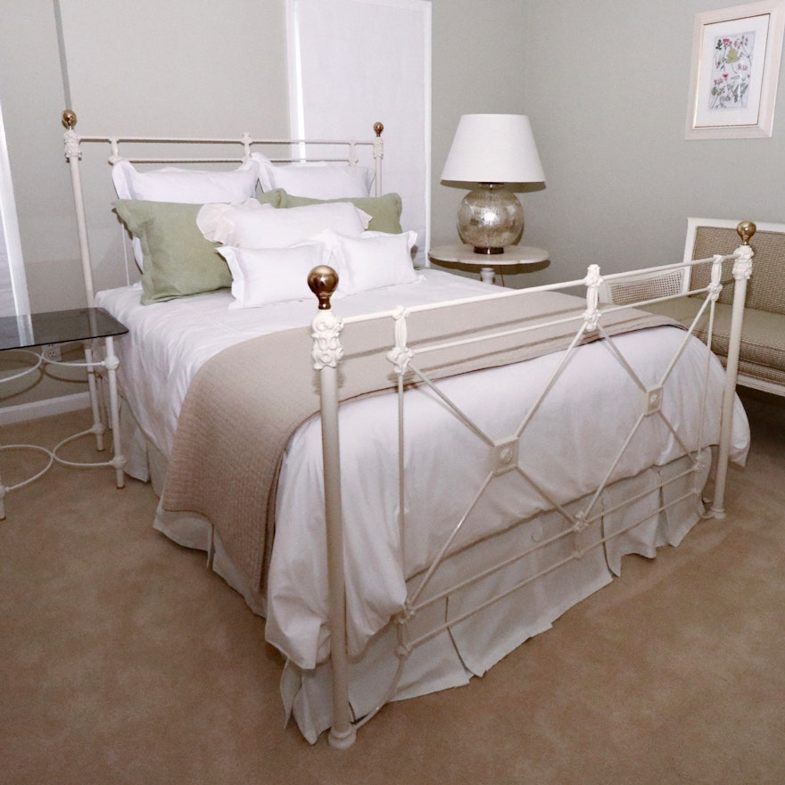Elliott's Designs Ivory Enameled Iron Campaign Style Queen Bed and Side Table