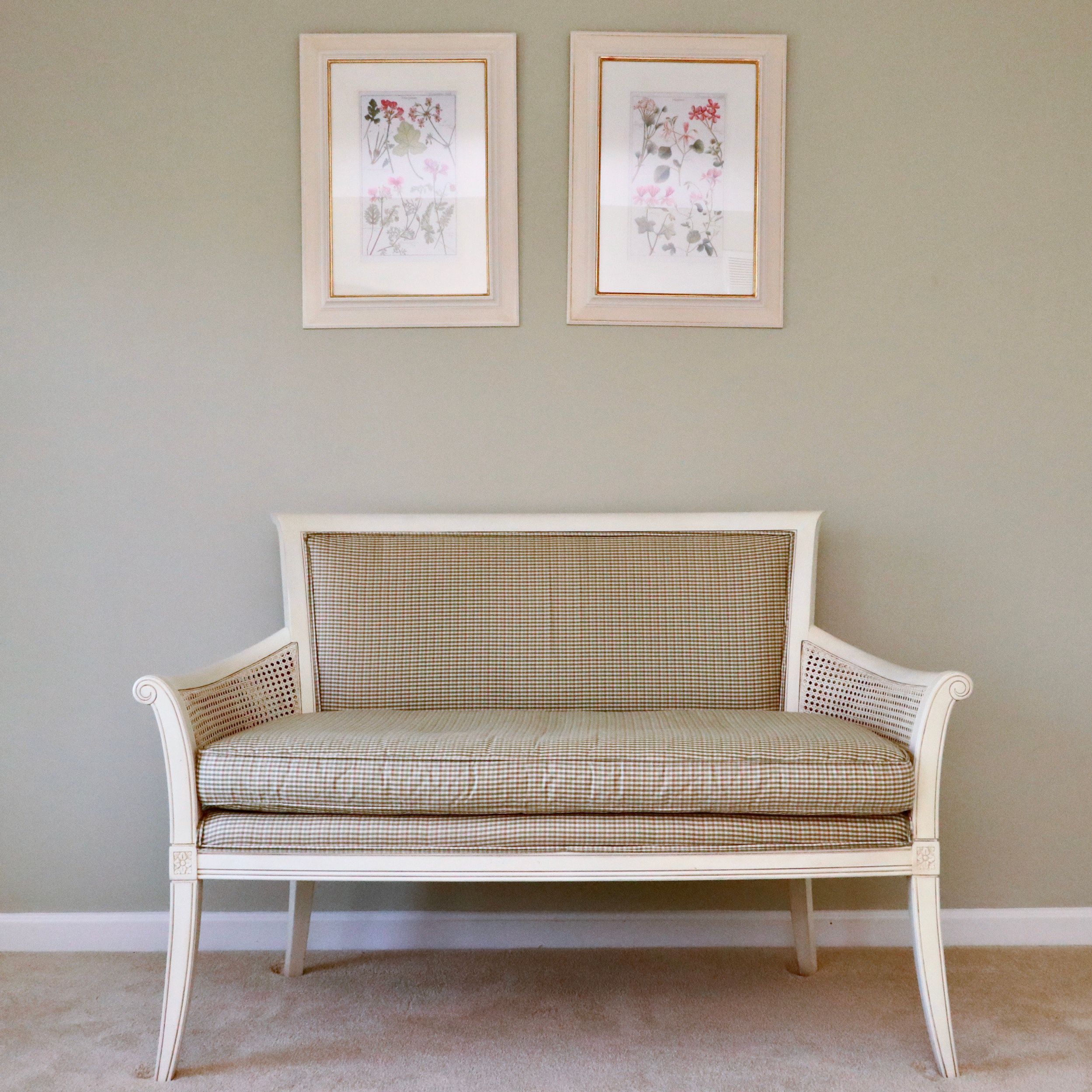 Ethan Allen "Legacy Collection" Caned Arm Upholstered Settee in Antique White