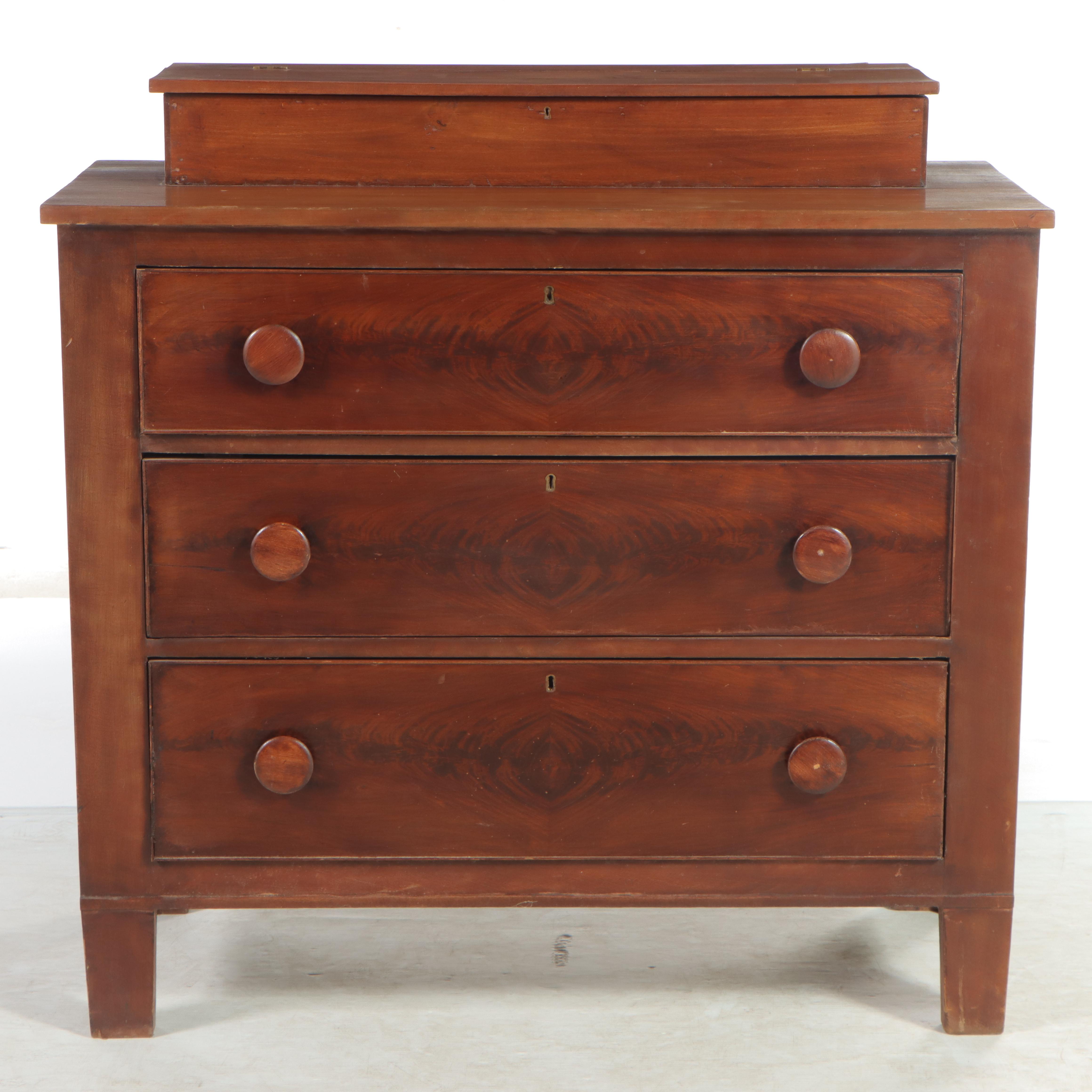 American Classical Flame Mahogany, Cherry, and Poplar Deck-Top Chest of Drawers