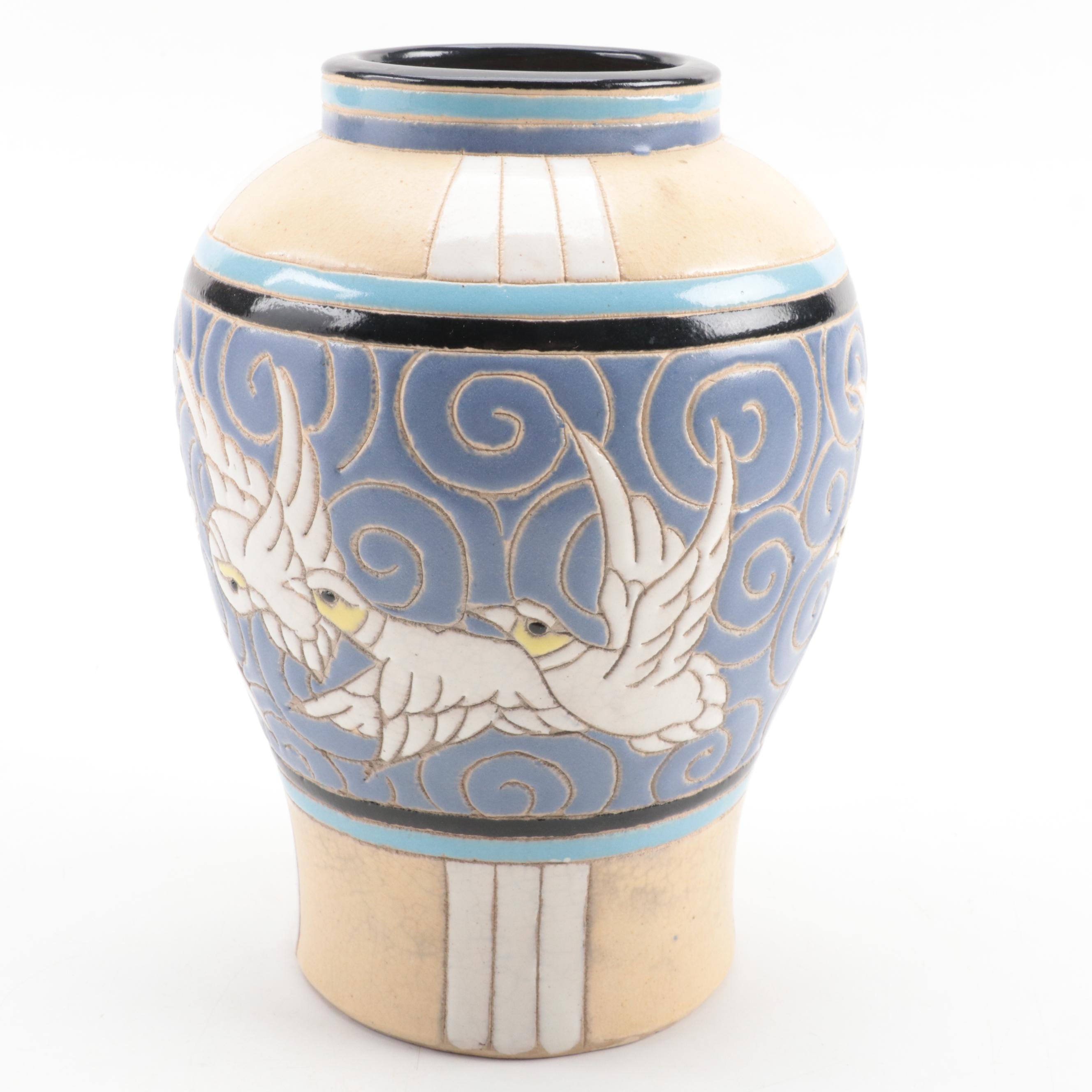 Art Deco Style Carved Earthenware Vase, 20th Century