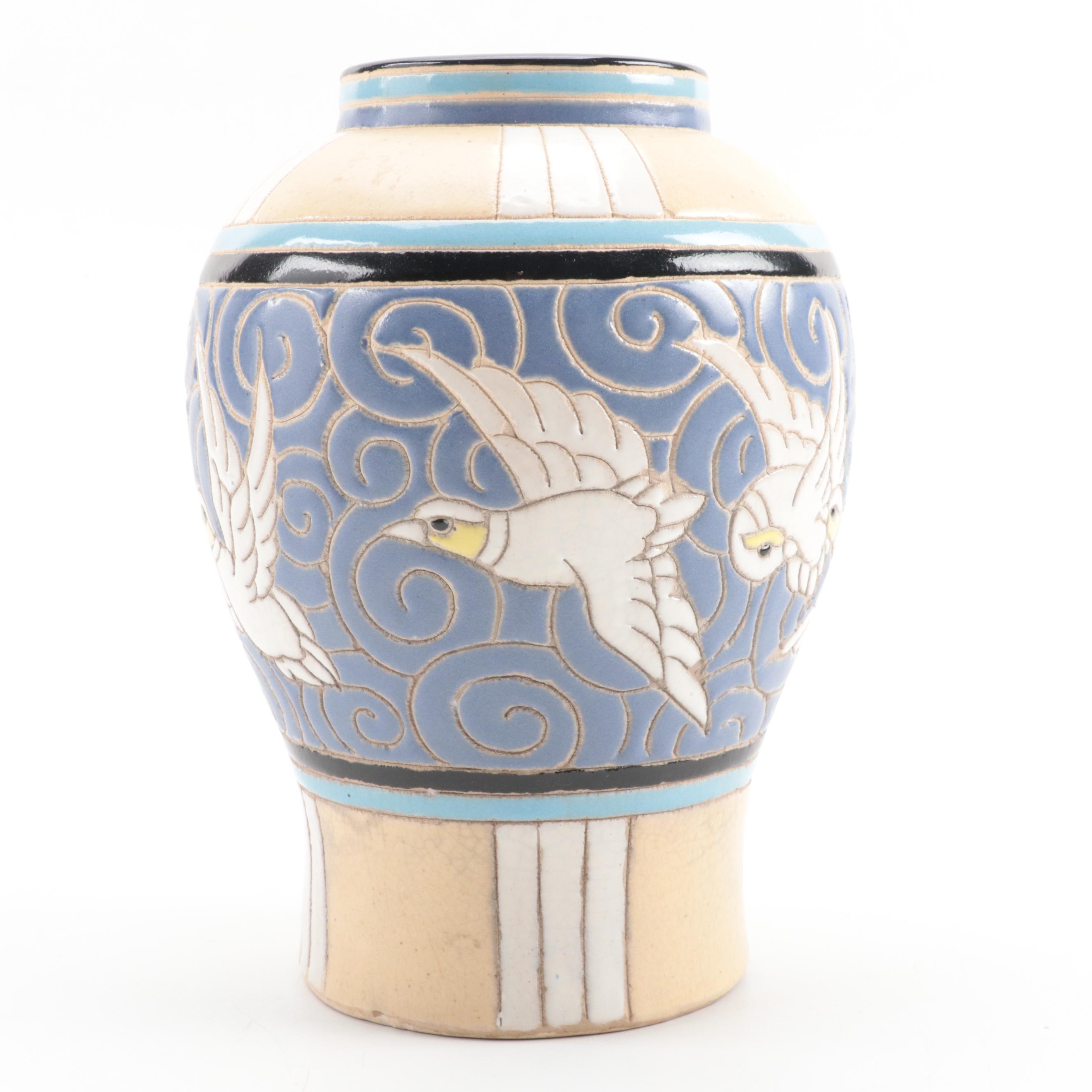 Art Deco Style Carved Earthenware Vase, 20th Century