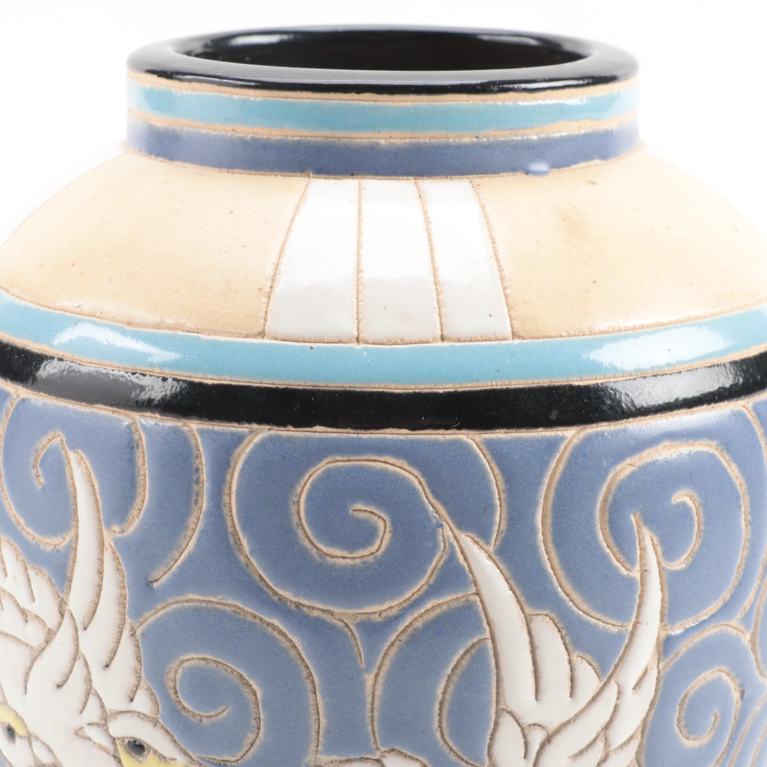Art Deco Style Carved Earthenware Vase, 20th Century