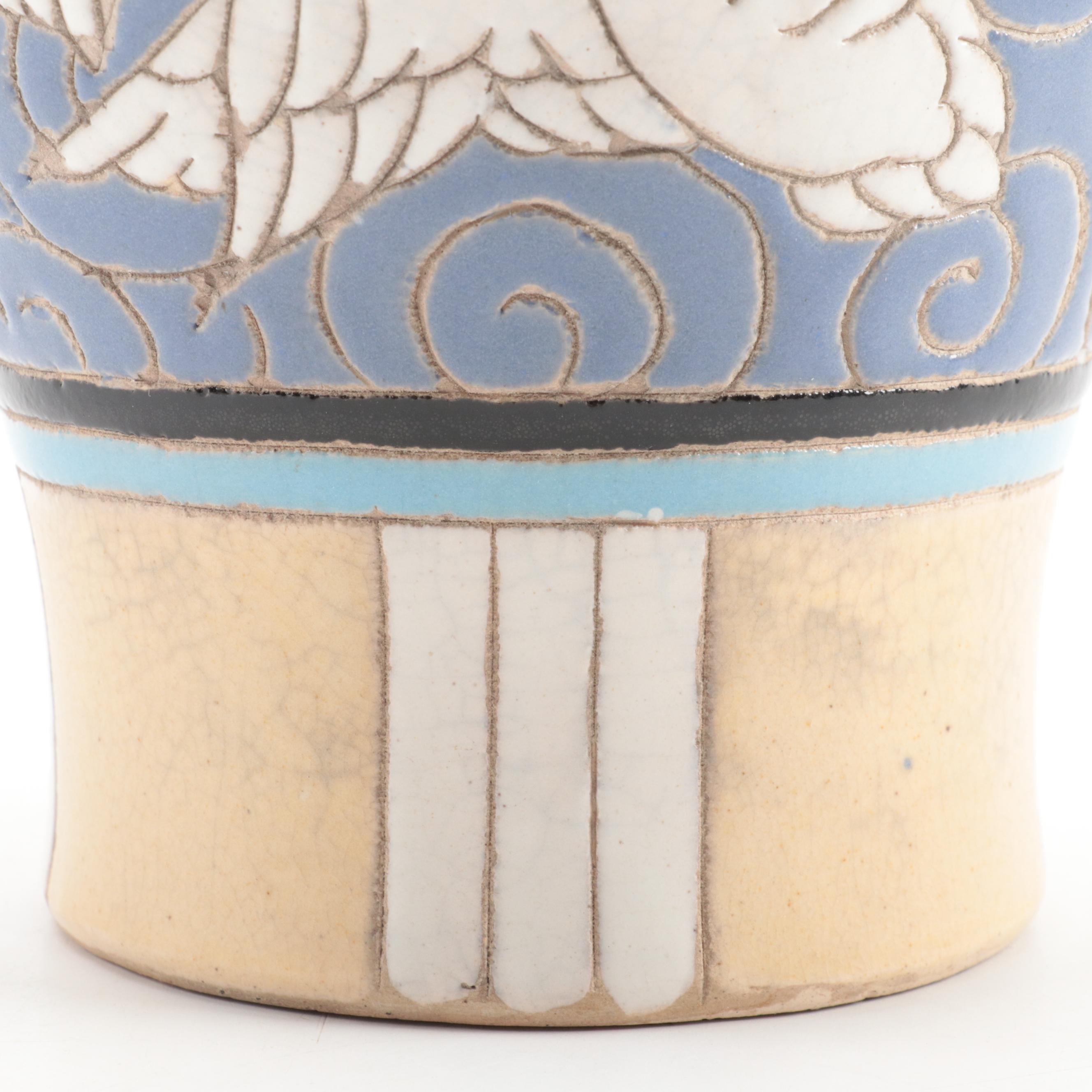 Art Deco Style Carved Earthenware Vase, 20th Century