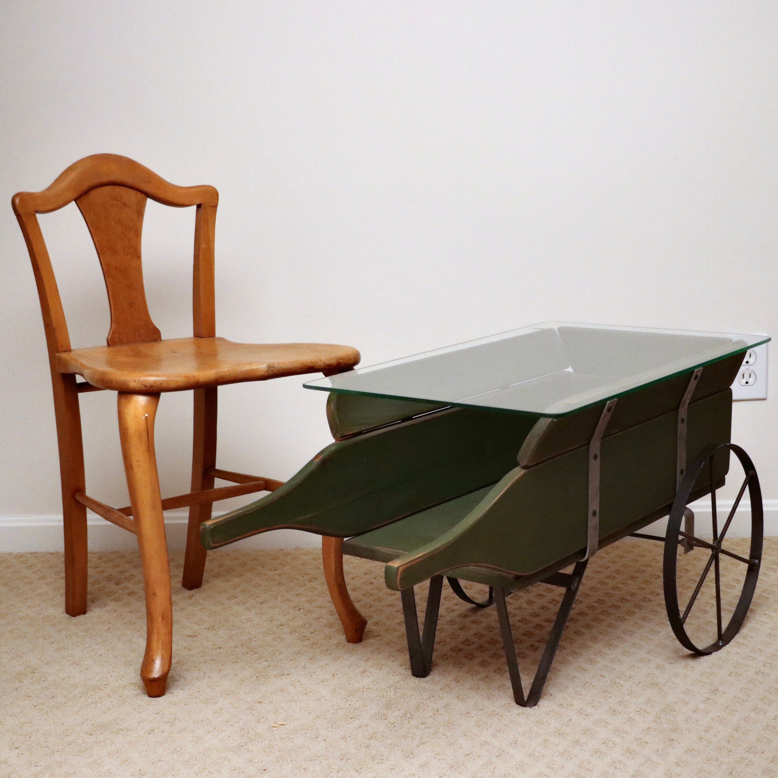 Burled Maple Seat Low-Back Chair and Painted Wheelbarrow Coffee Table