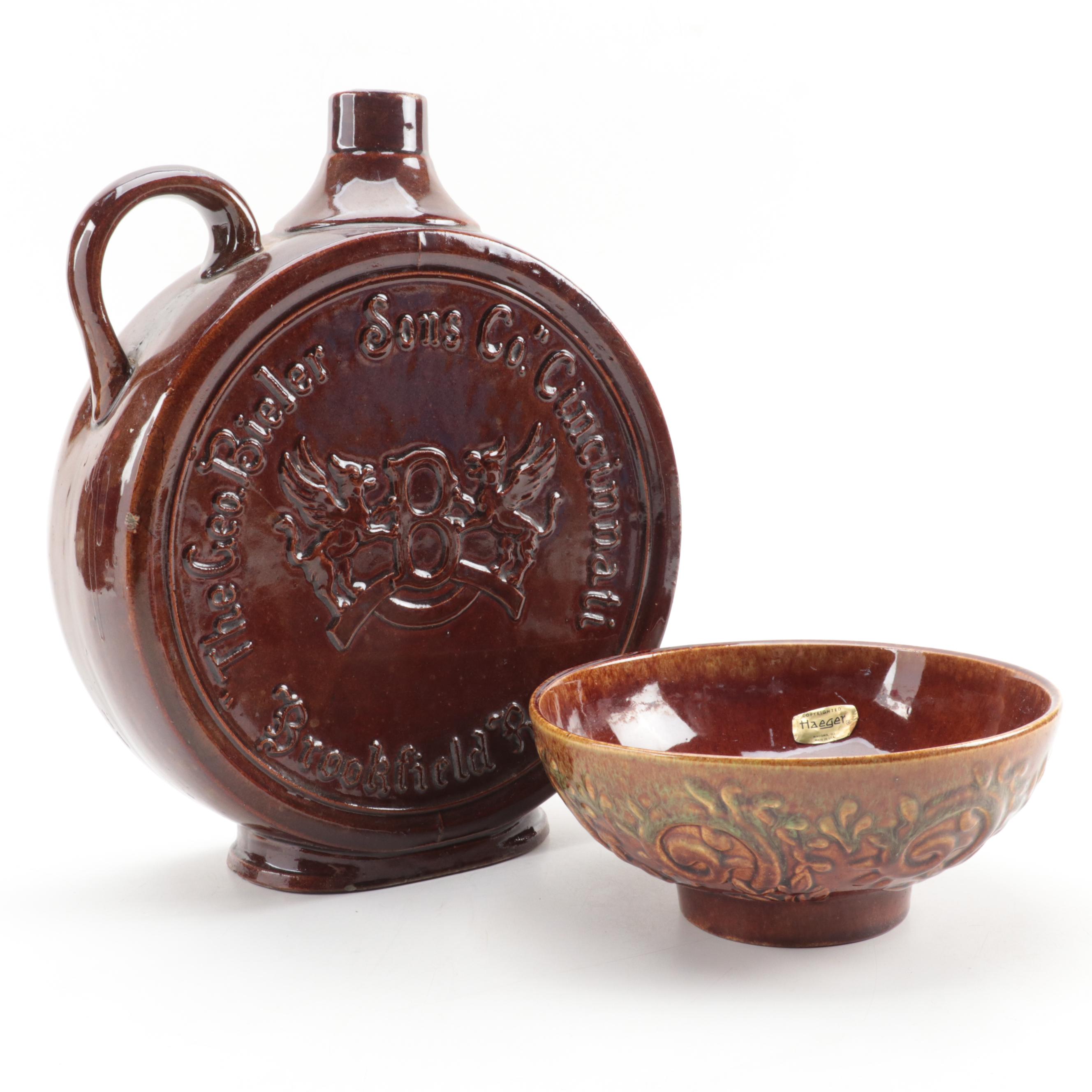 The George Bieler Sons Co. Stoneware Whiskey Jug with Haeger Pottery Bowl