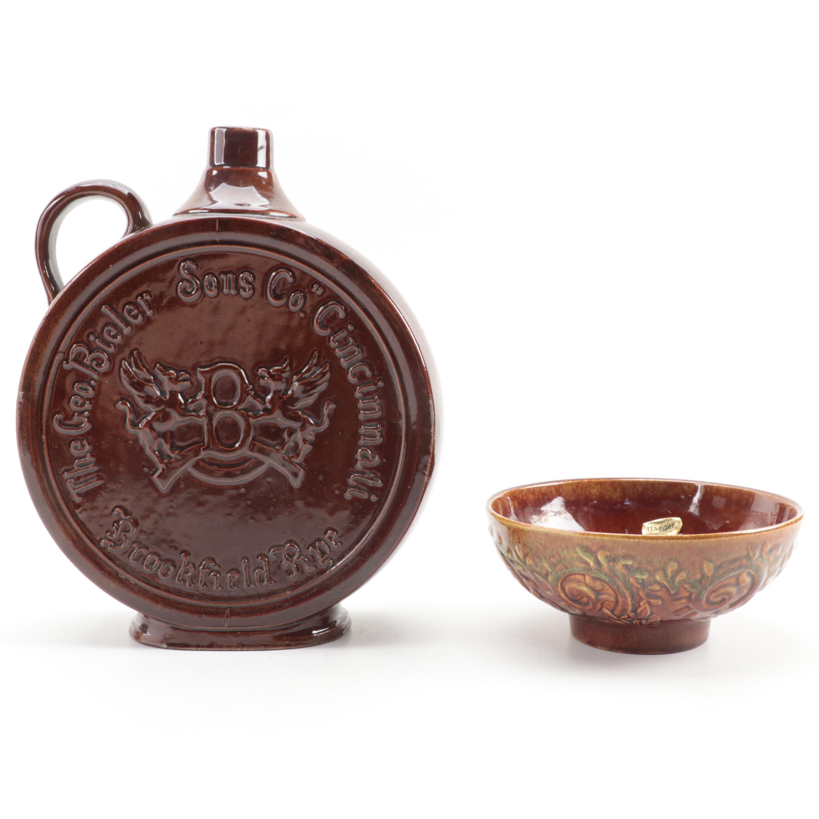 The George Bieler Sons Co. Stoneware Whiskey Jug with Haeger Pottery Bowl