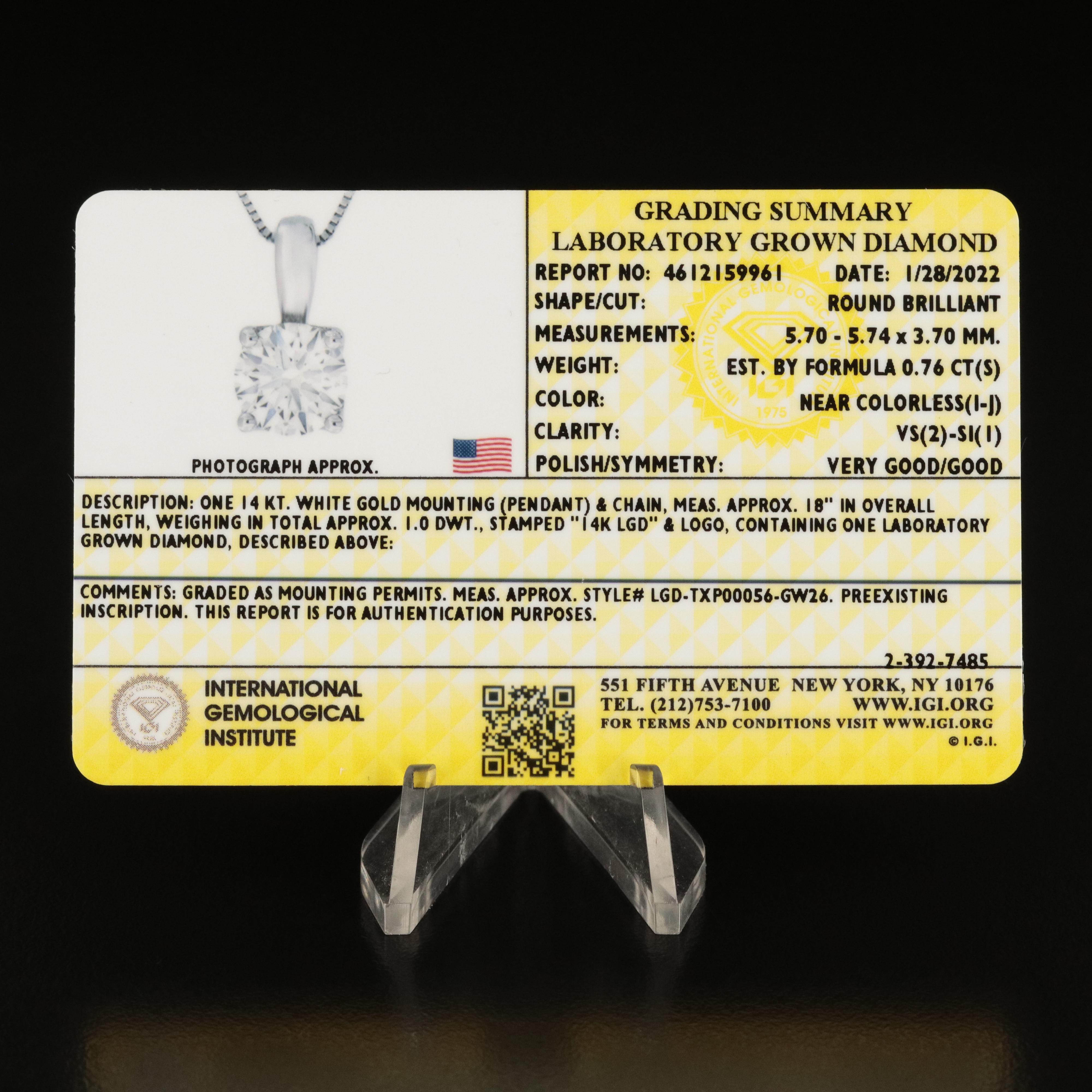 14K 0.76 CT Lab Grown Diamond with IGI Report