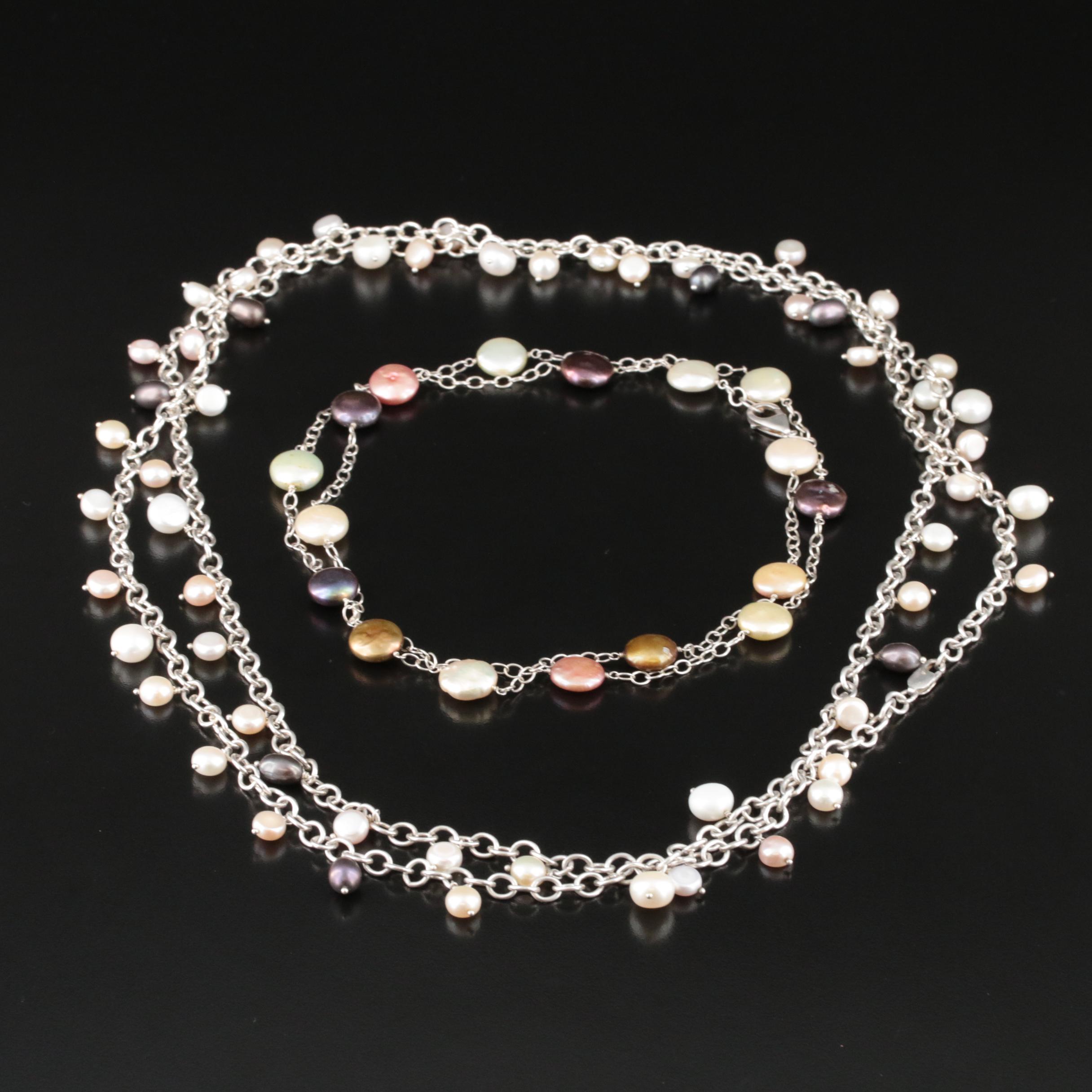 Sterling Rope and Opera Length Button and Coin Pearl Necklaces