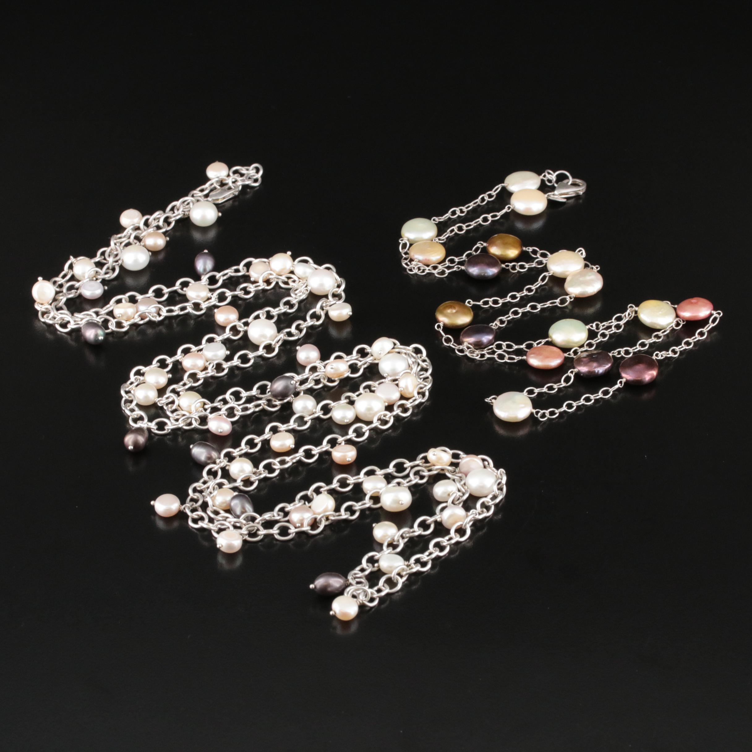 Sterling Rope and Opera Length Button and Coin Pearl Necklaces