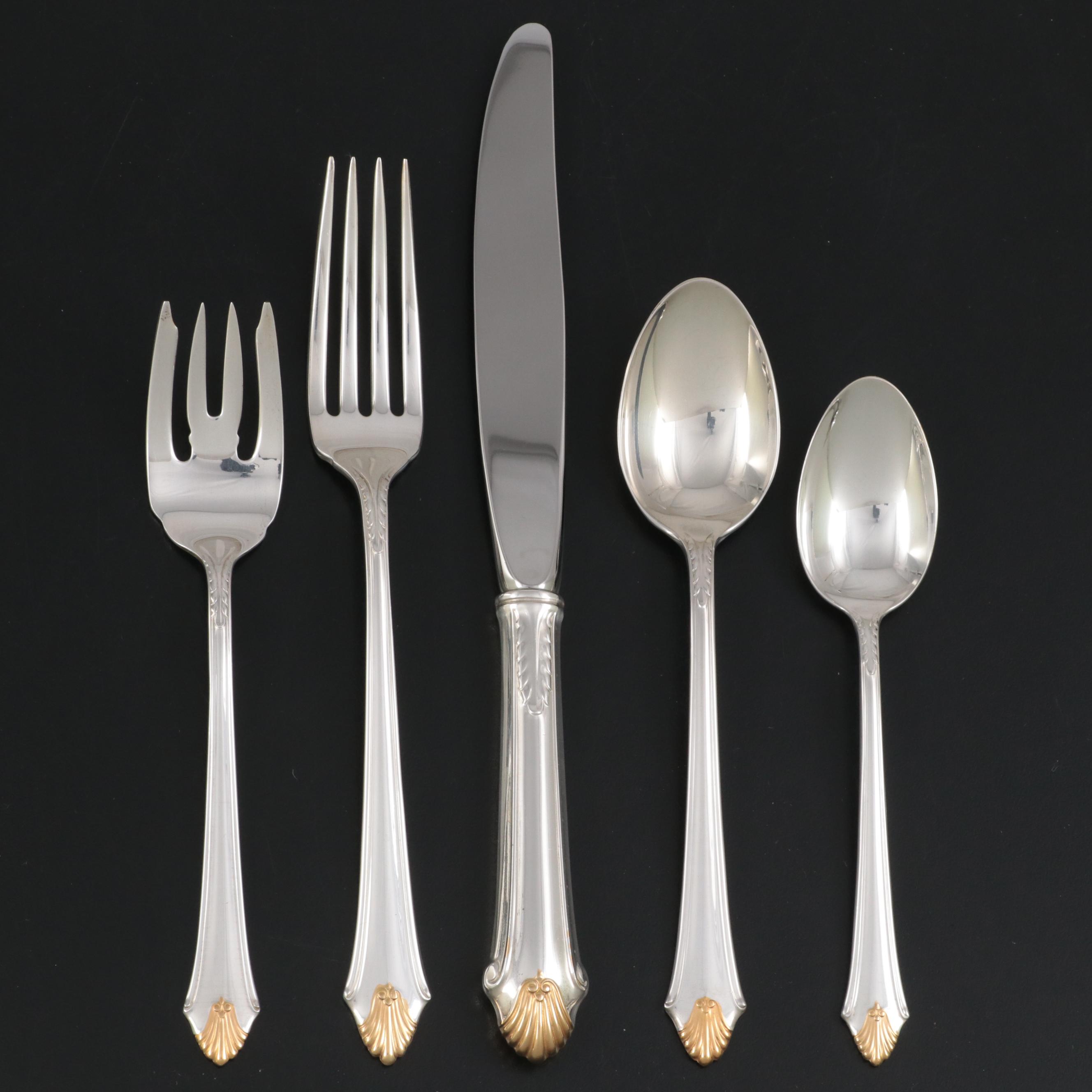 Gorham "Edgemont Gold" Sterling Silver and Gilt Accent Flatware and Utensils