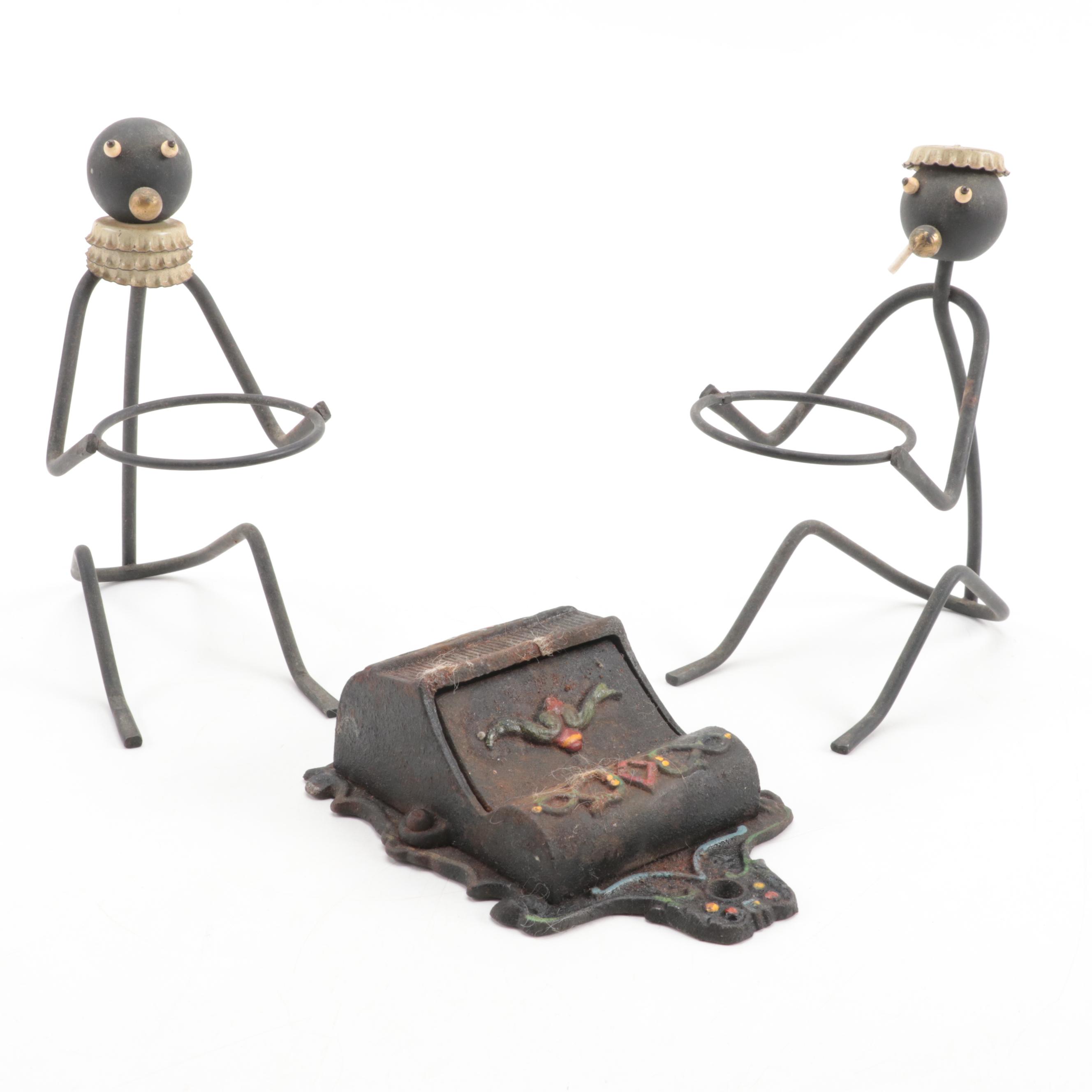 Wilton Painted Cast Iron Match Holder and Folk Art Bottle Cap Candle Holders