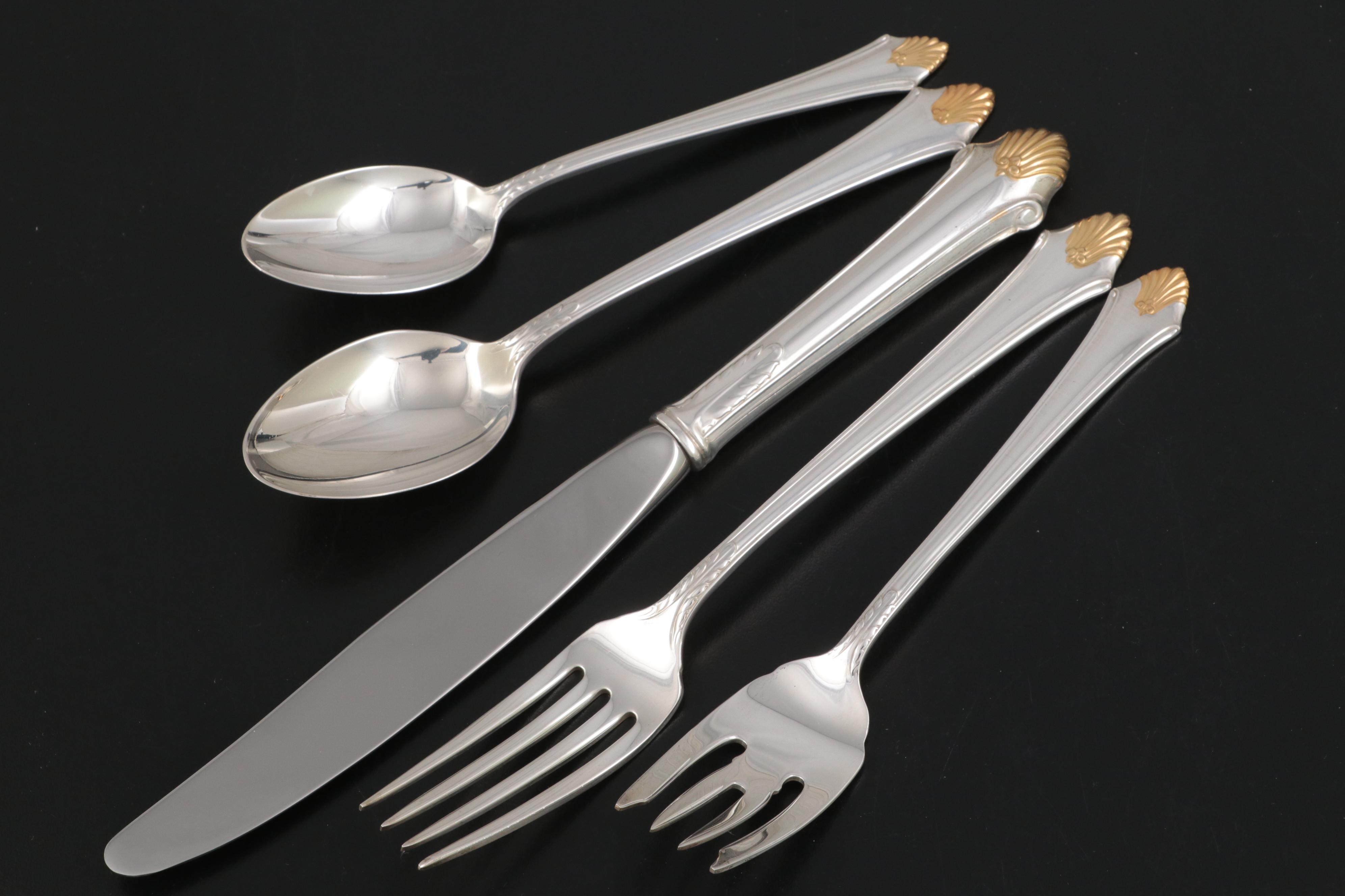 Gorham "Edgemont Gold" Sterling Silver and Gilt Accent Flatware and Utensils