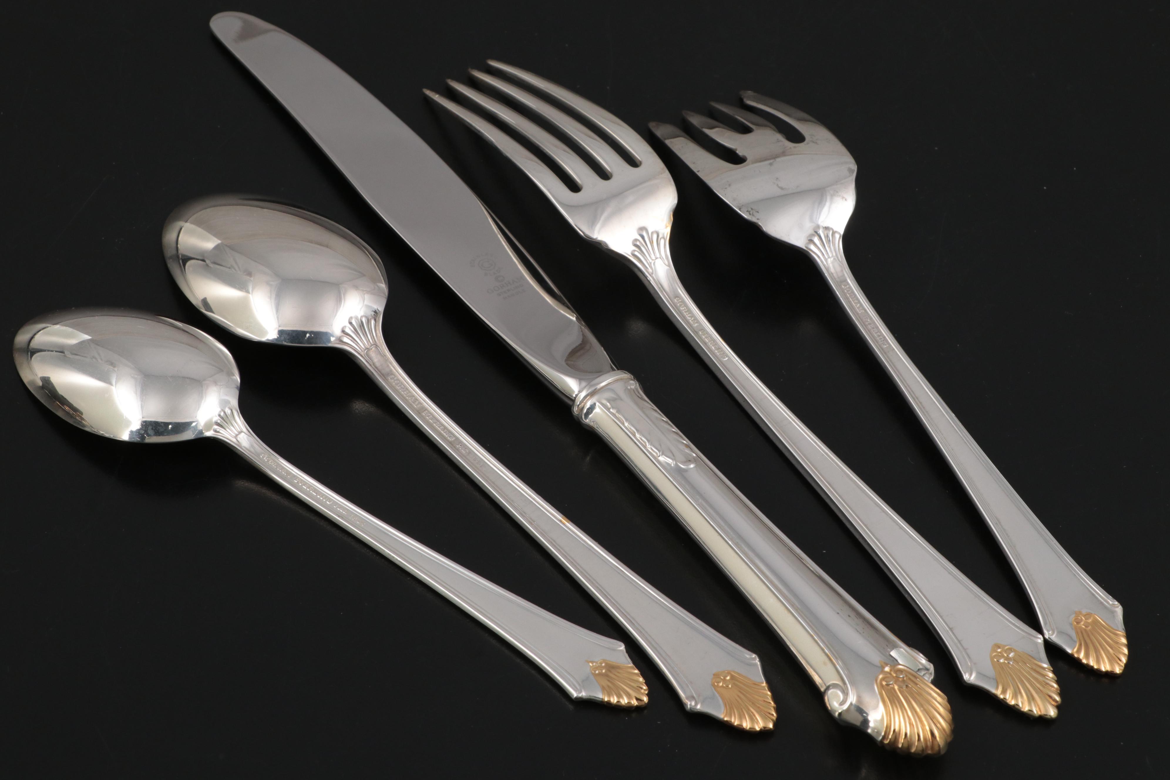 Gorham "Edgemont Gold" Sterling Silver and Gilt Accent Flatware and Utensils