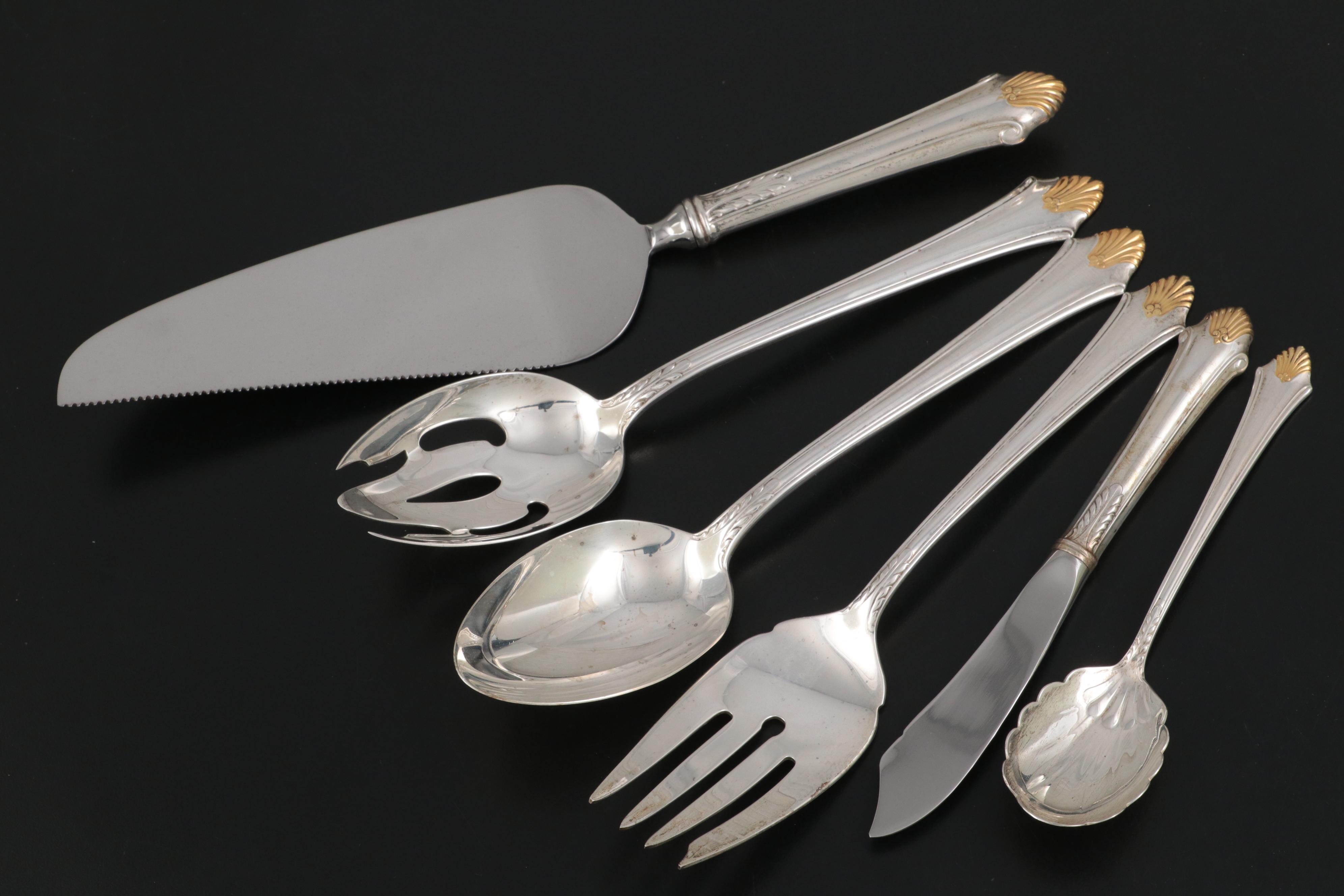 Gorham "Edgemont Gold" Sterling Silver and Gilt Accent Flatware and Utensils