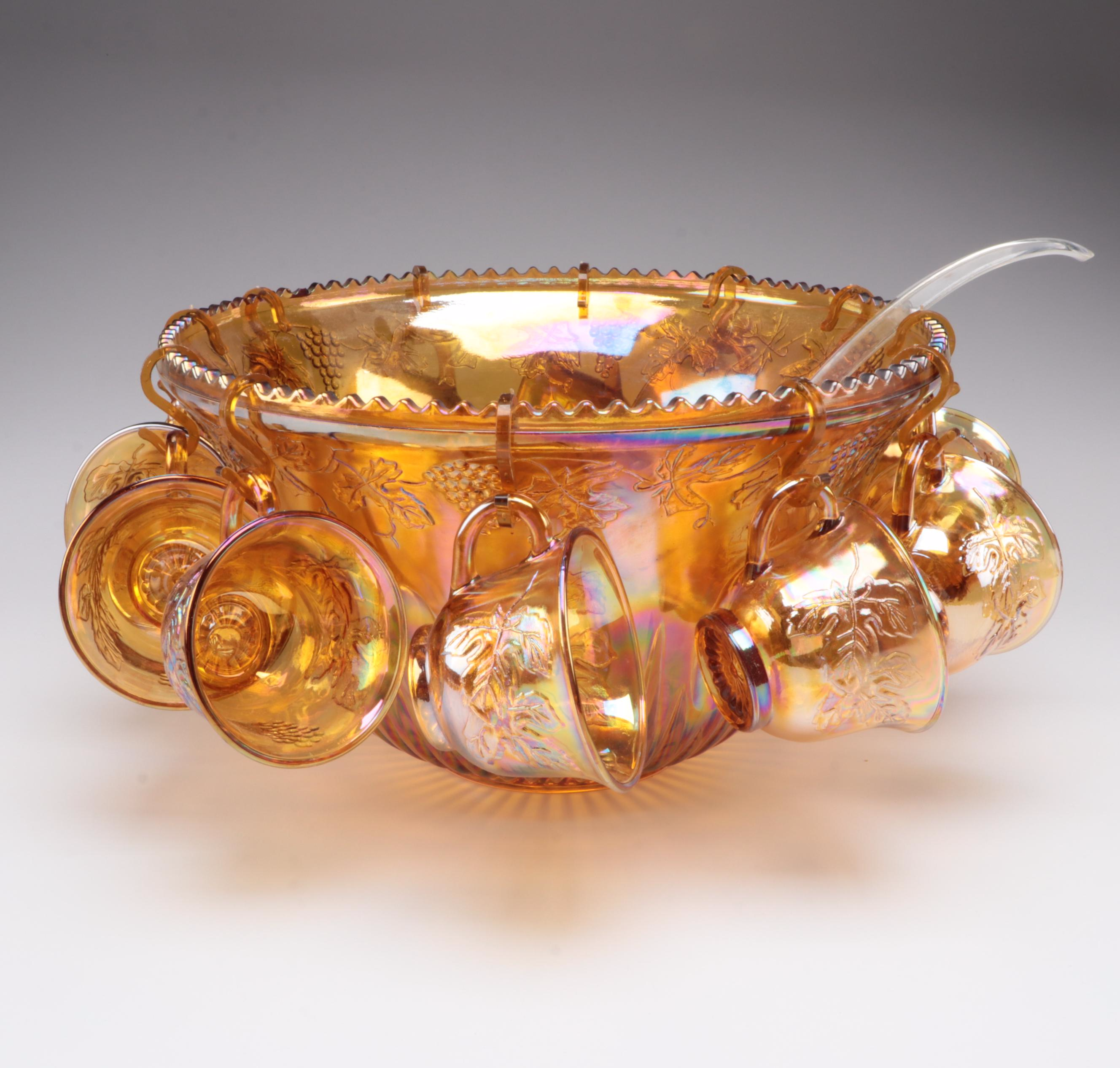 Indiana Glass "Princess Gold Carnival" Punch Bowl, Cups, Hooks and Ladle