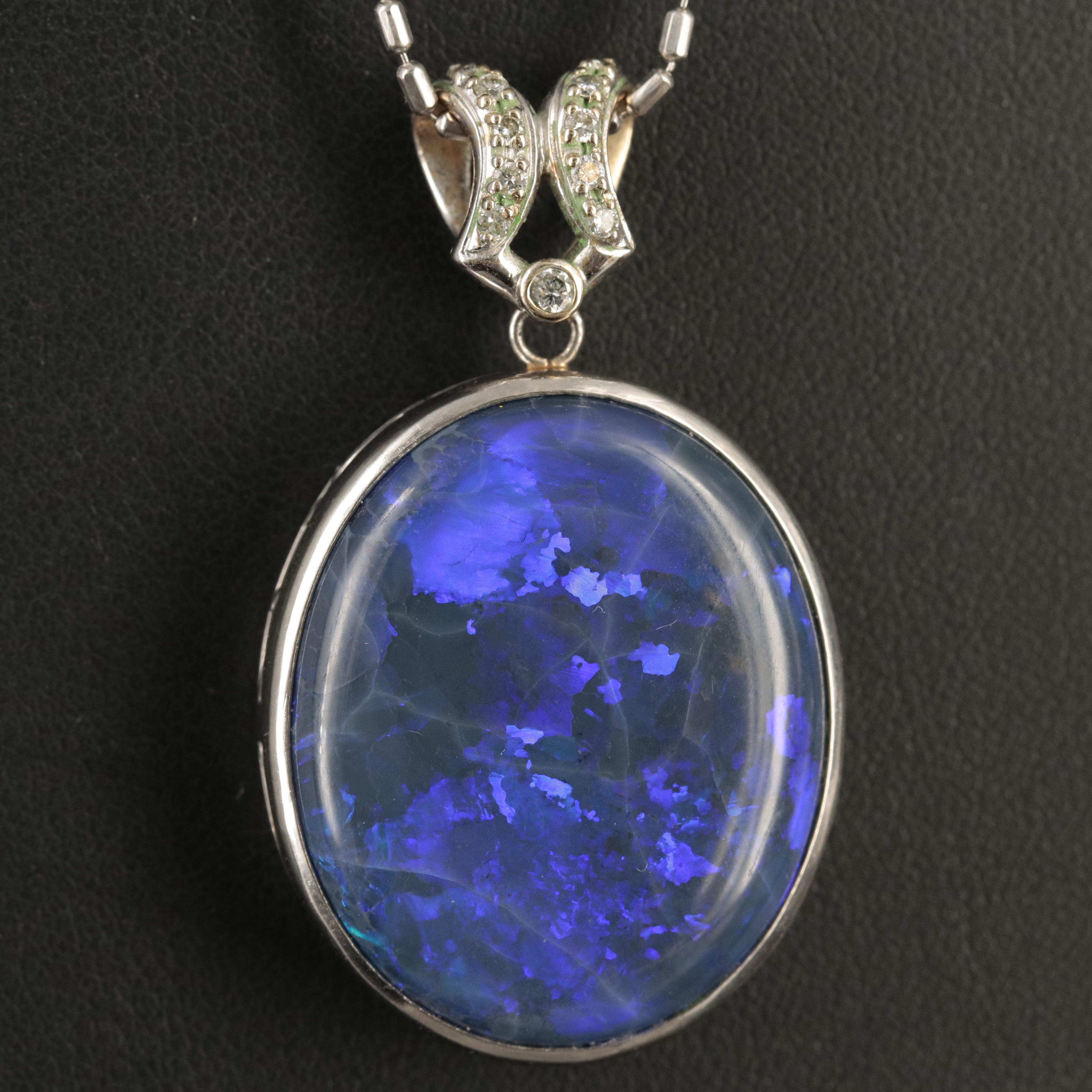 Platinum 29.73 CT Black Opal and Diamond Pendant Necklace with 18K Accents