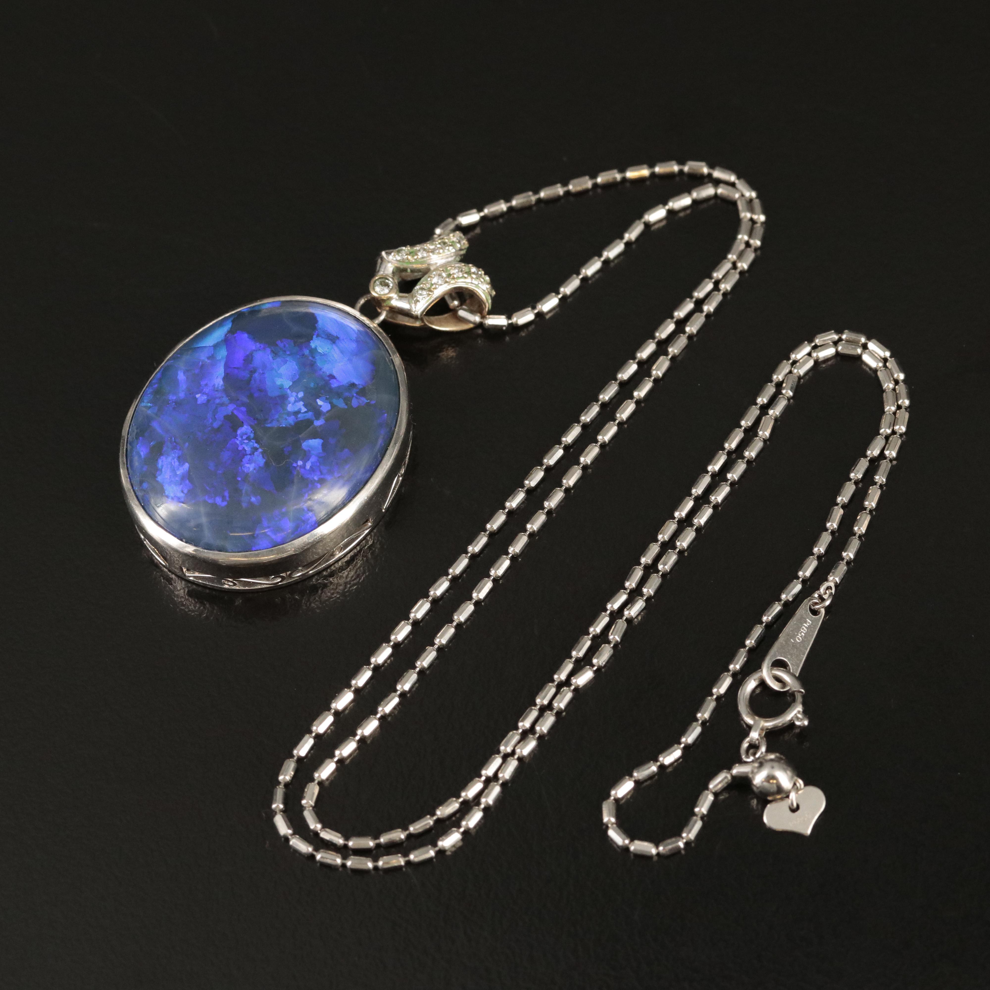 Platinum 29.73 CT Black Opal and Diamond Pendant Necklace with 18K Accents