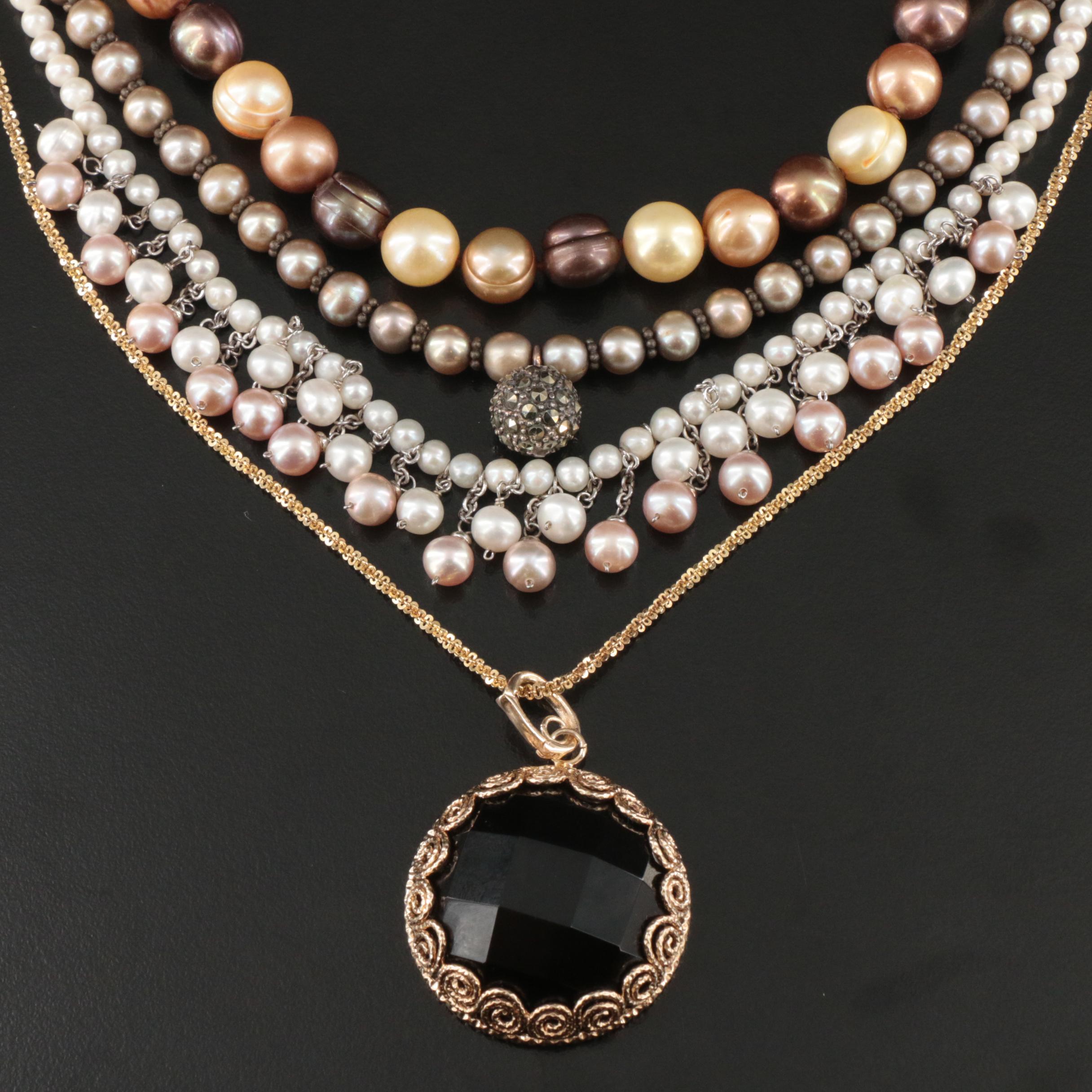 Sterling Necklaces Including Pearl, Smoky Quartz and Marcasite