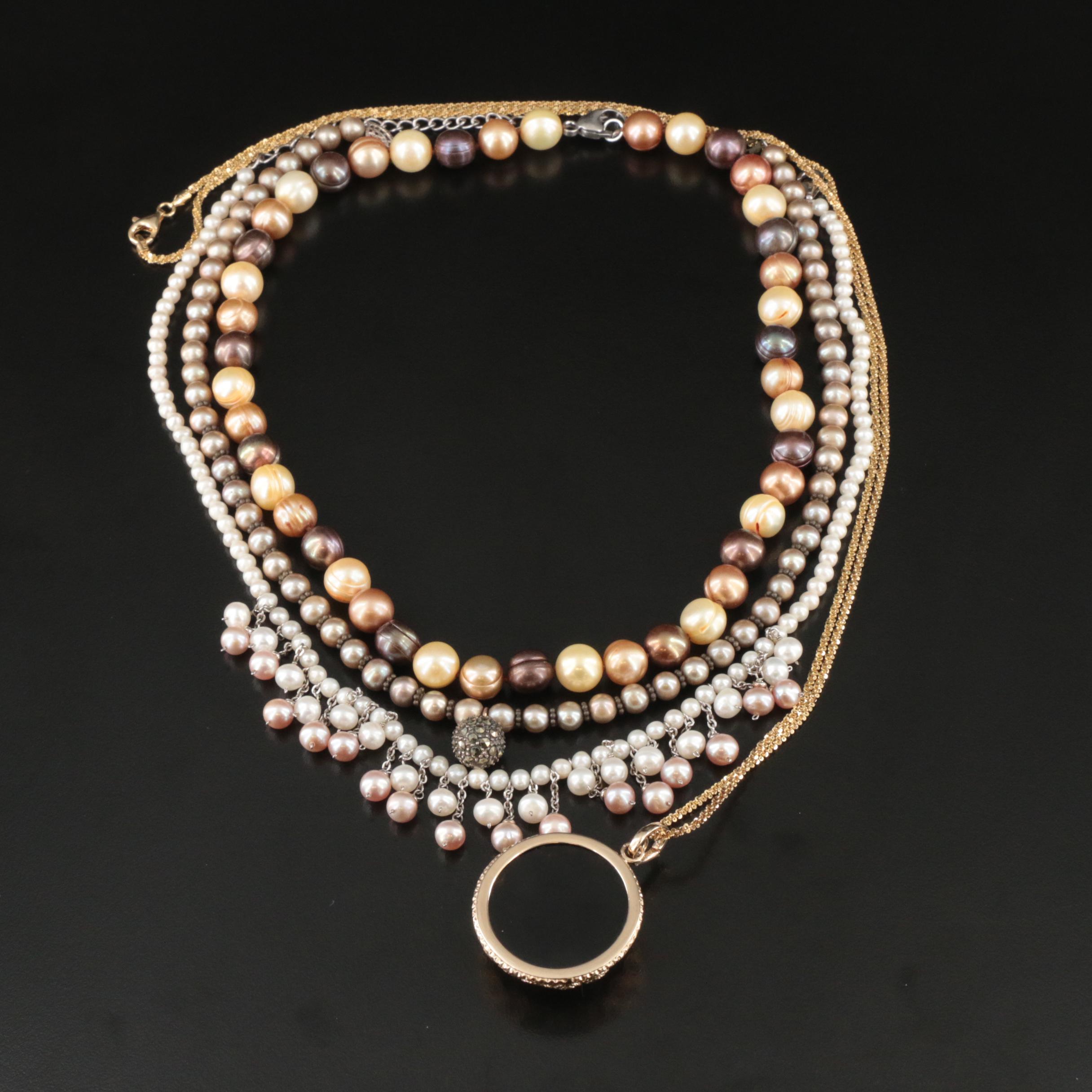 Sterling Necklaces Including Pearl, Smoky Quartz and Marcasite