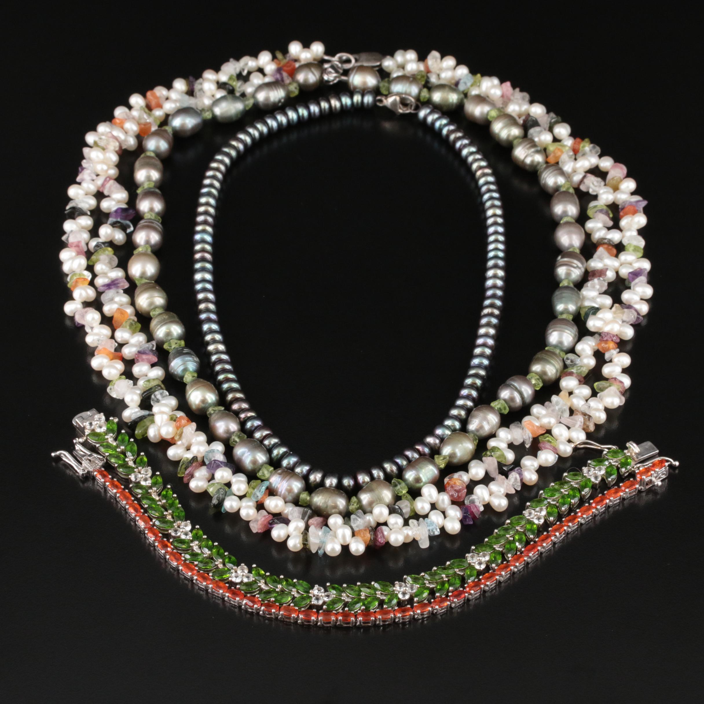 Sterling Necklaces and Bracelets Including Pearl, Fire Opal and Diopside