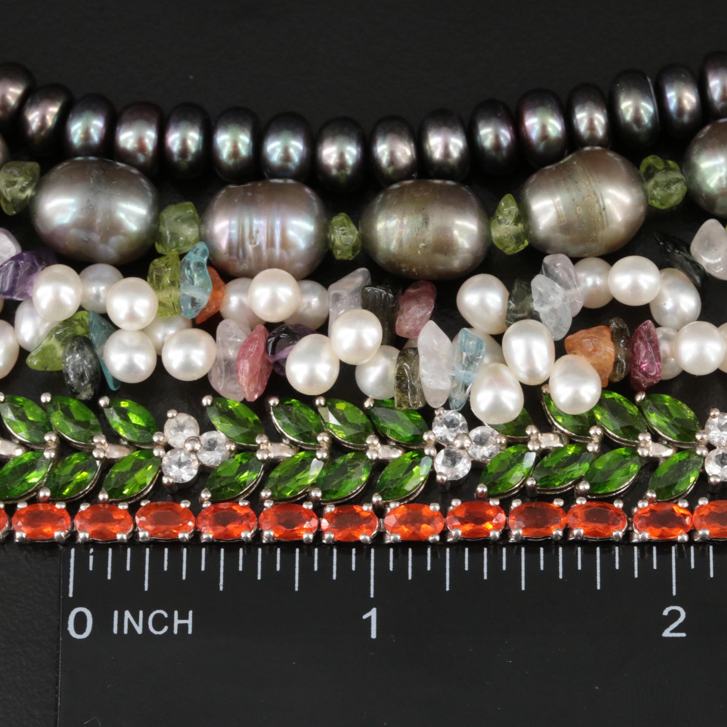 Sterling Necklaces and Bracelets Including Pearl, Fire Opal and Diopside