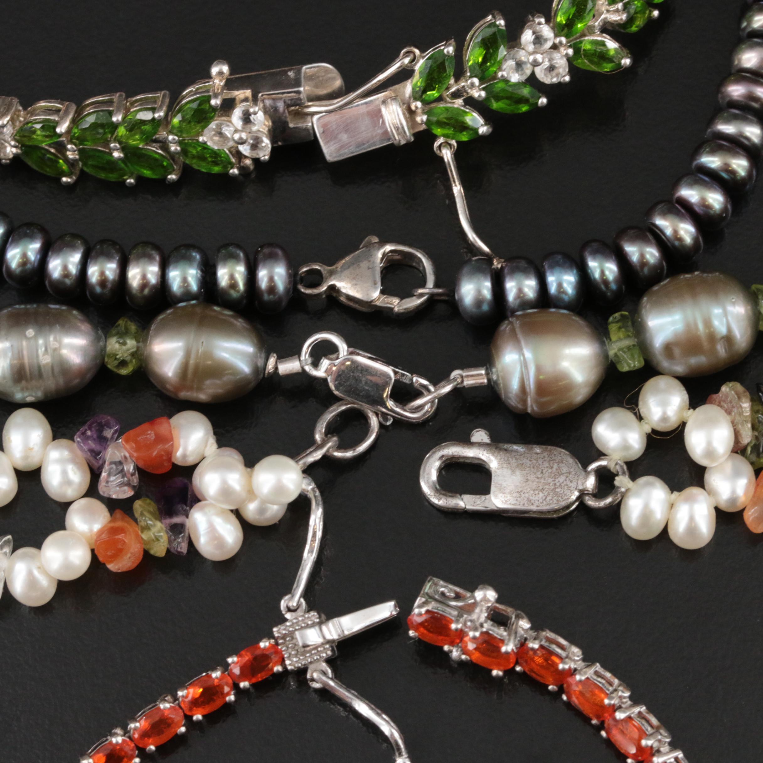 Sterling Necklaces and Bracelets Including Pearl, Fire Opal and Diopside