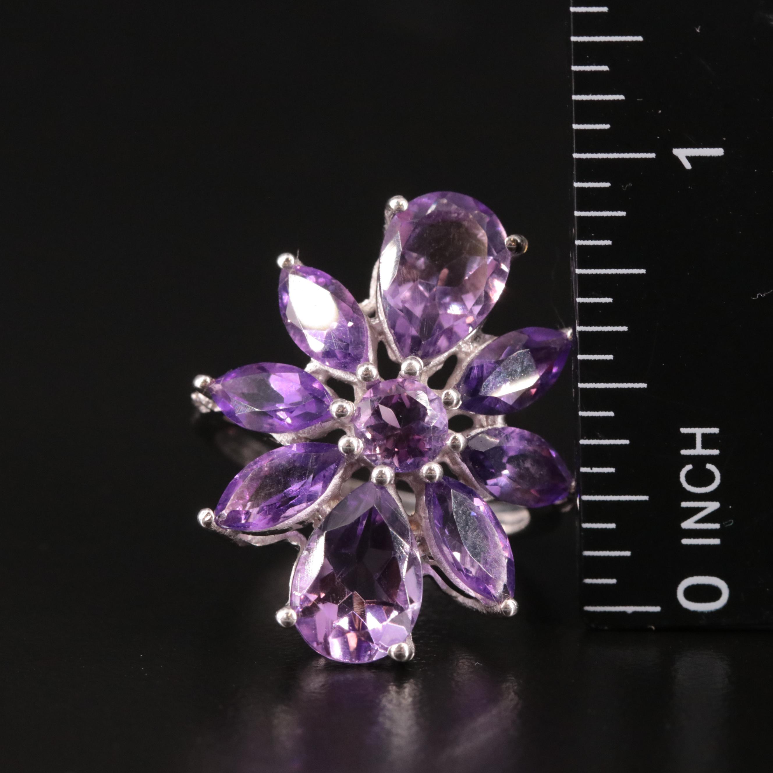 Sterling Amethyst White Topaz Flower Ring