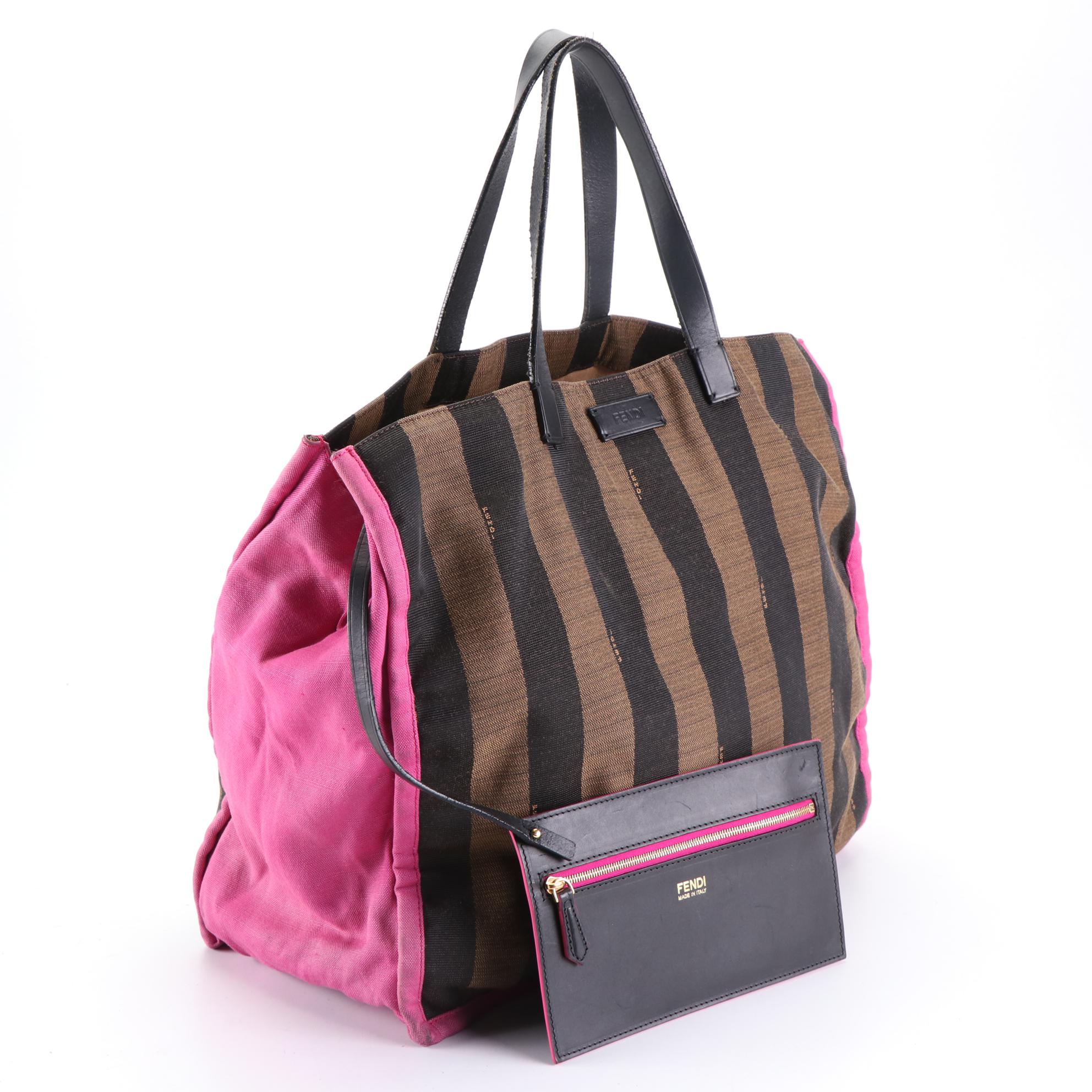 Fendi Pequin Stripe Canvas Shopper Tote with Zip Pouch