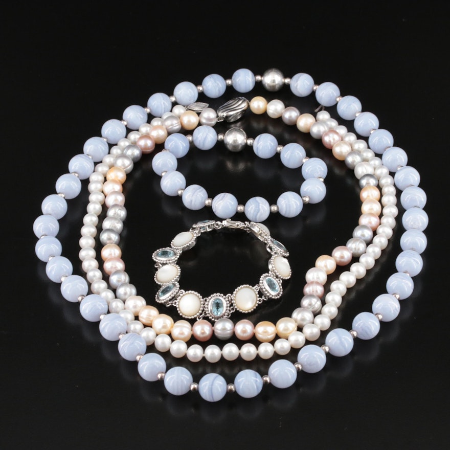 Sterling Pearl, Blue Lace Agate and Topaz Necklaces and Bracelets