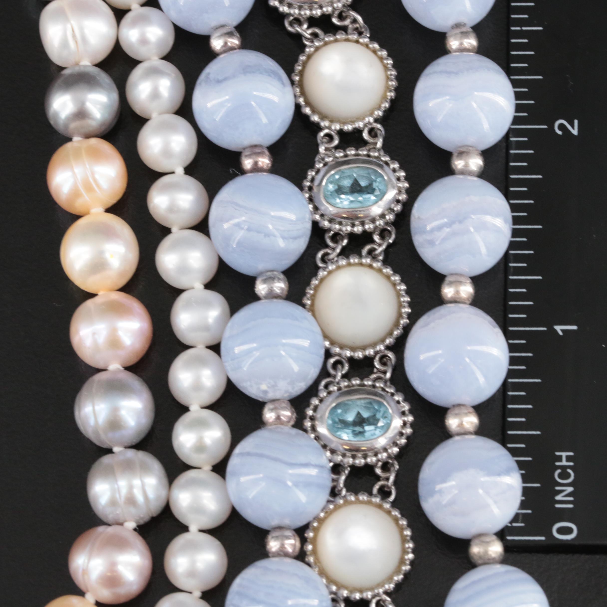 Sterling Pearl, Blue Lace Agate and Topaz Necklaces and Bracelets