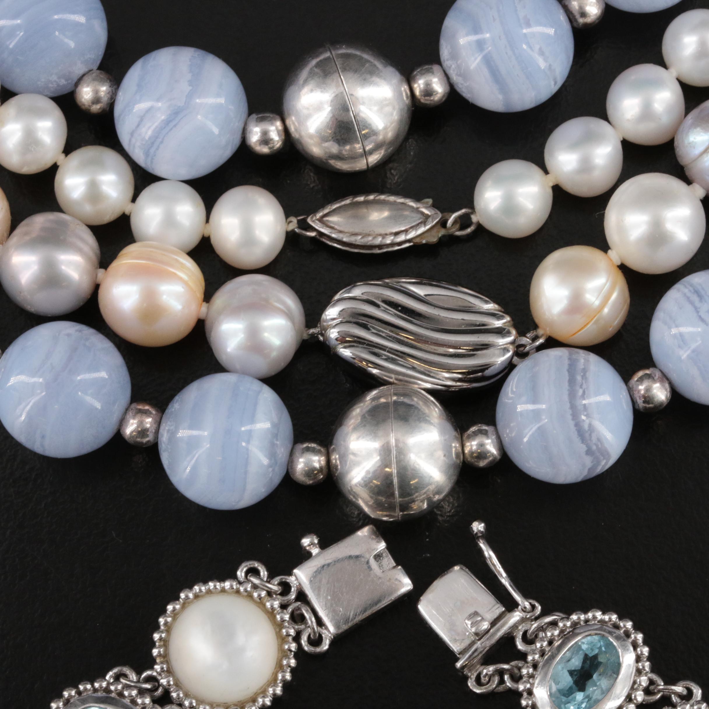 Sterling Pearl, Blue Lace Agate and Topaz Necklaces and Bracelets