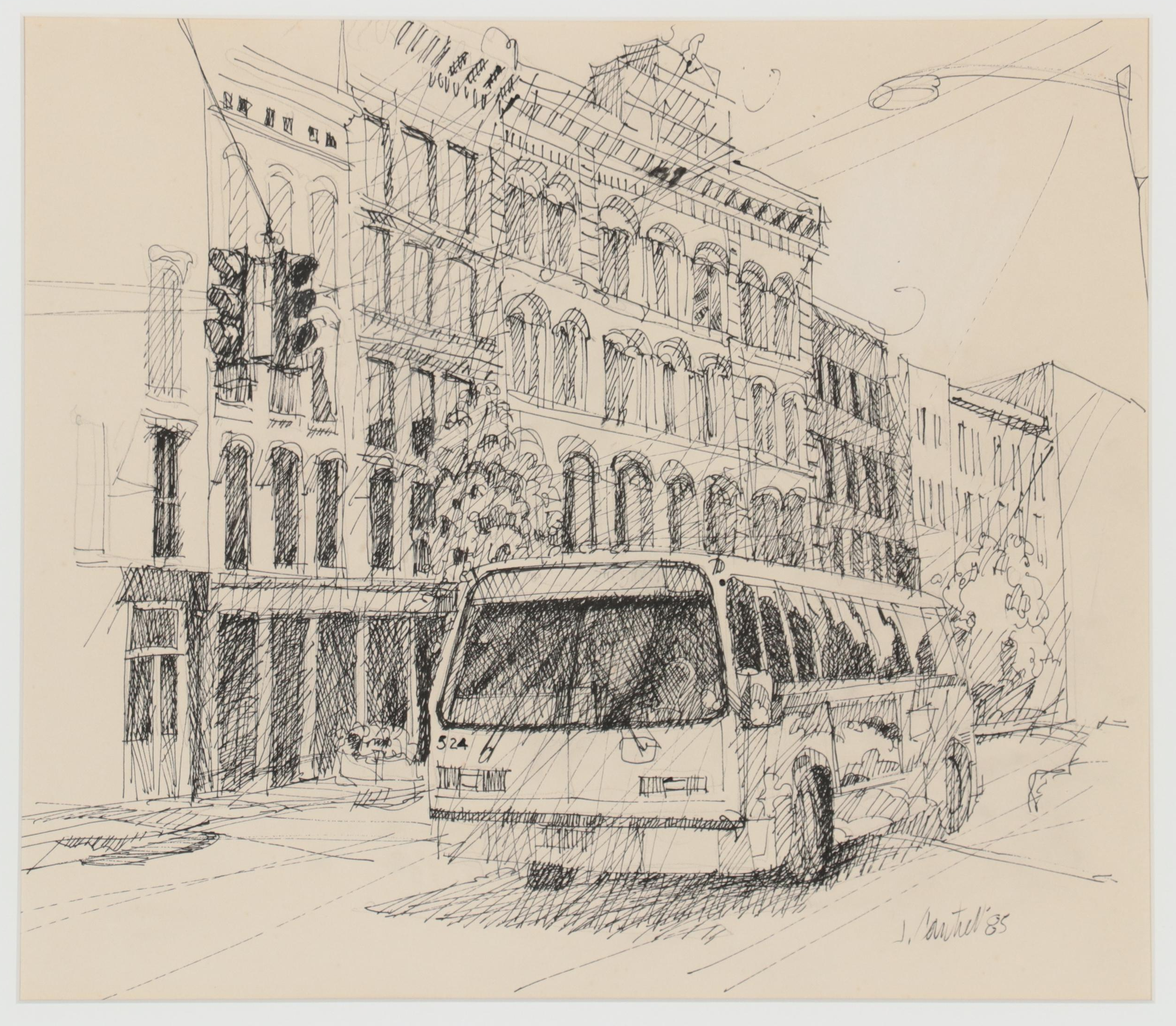 Jay Cantrell Pen and Ink Drawing of Downtown Street Scene, 1985