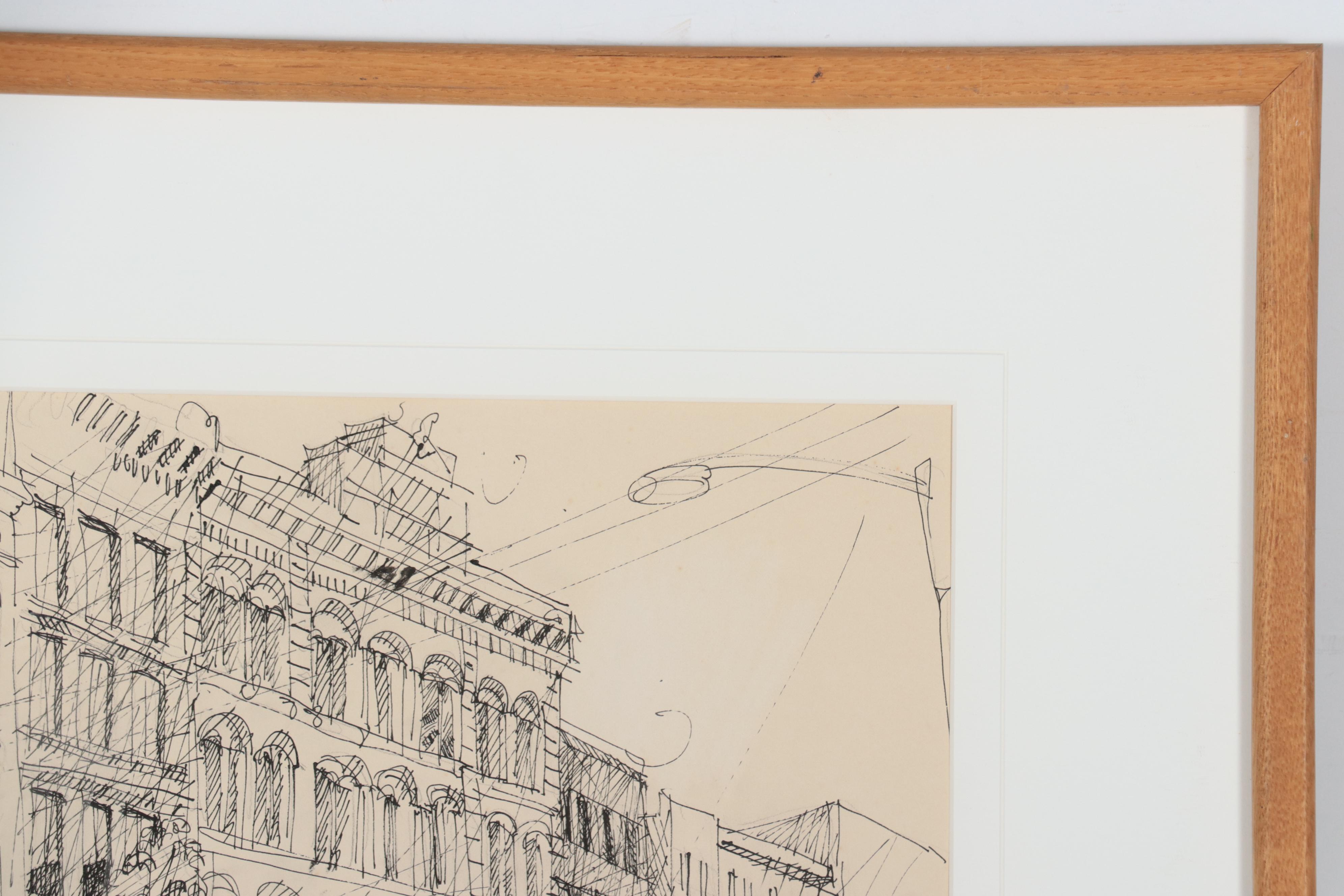 Jay Cantrell Pen and Ink Drawing of Downtown Street Scene, 1985