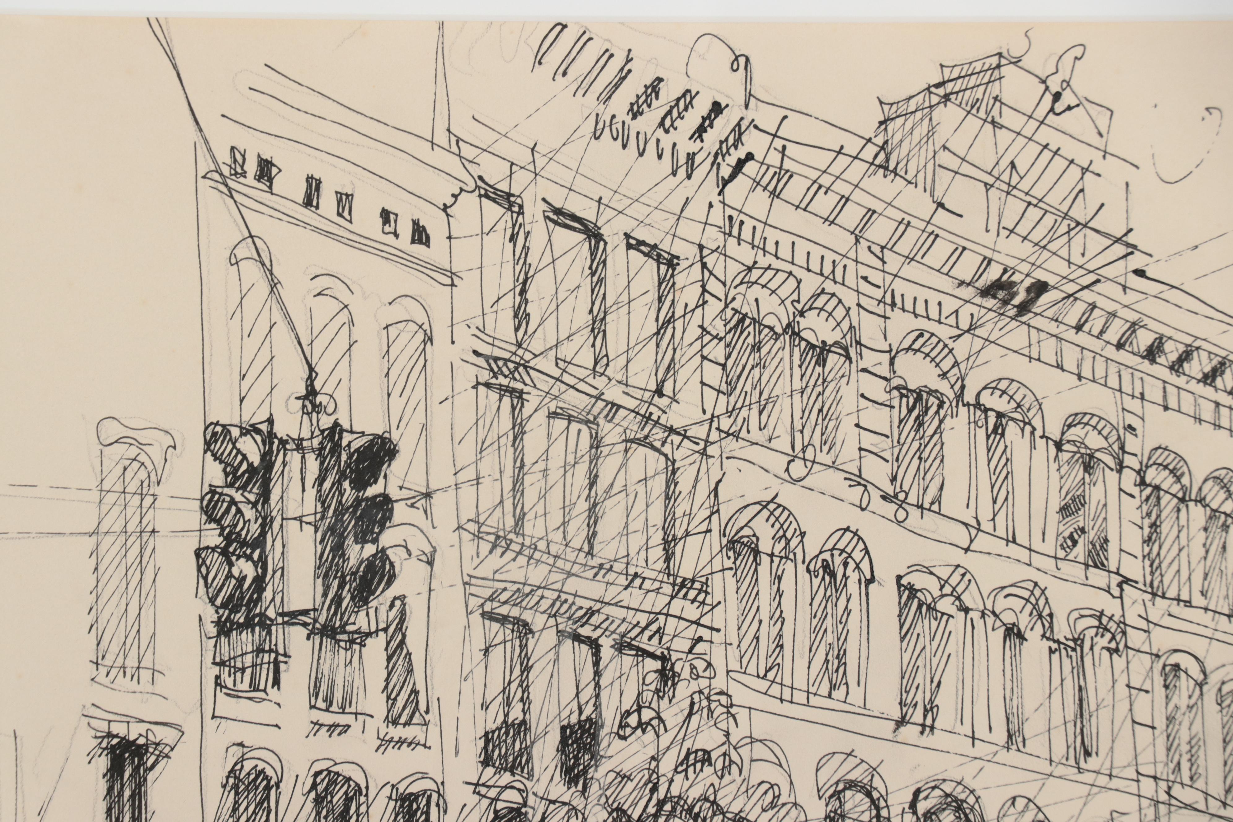 Jay Cantrell Pen and Ink Drawing of Downtown Street Scene, 1985