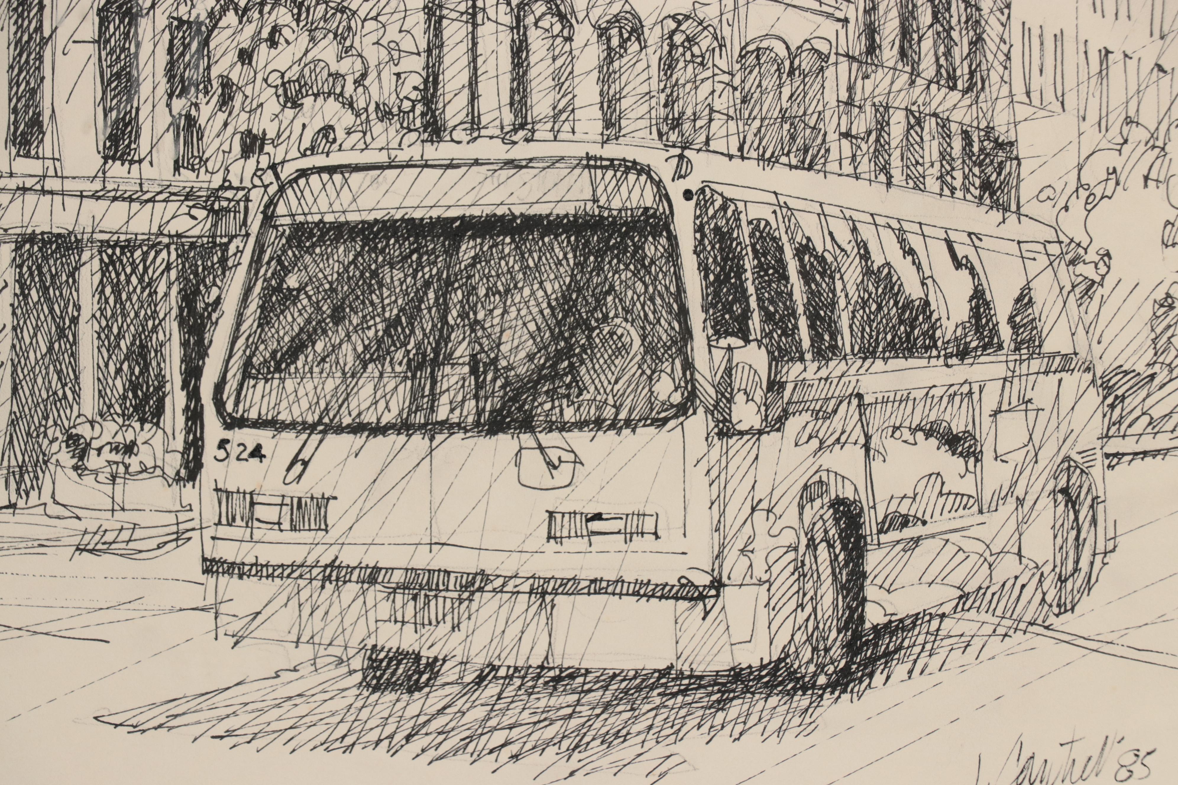 Jay Cantrell Pen and Ink Drawing of Downtown Street Scene, 1985