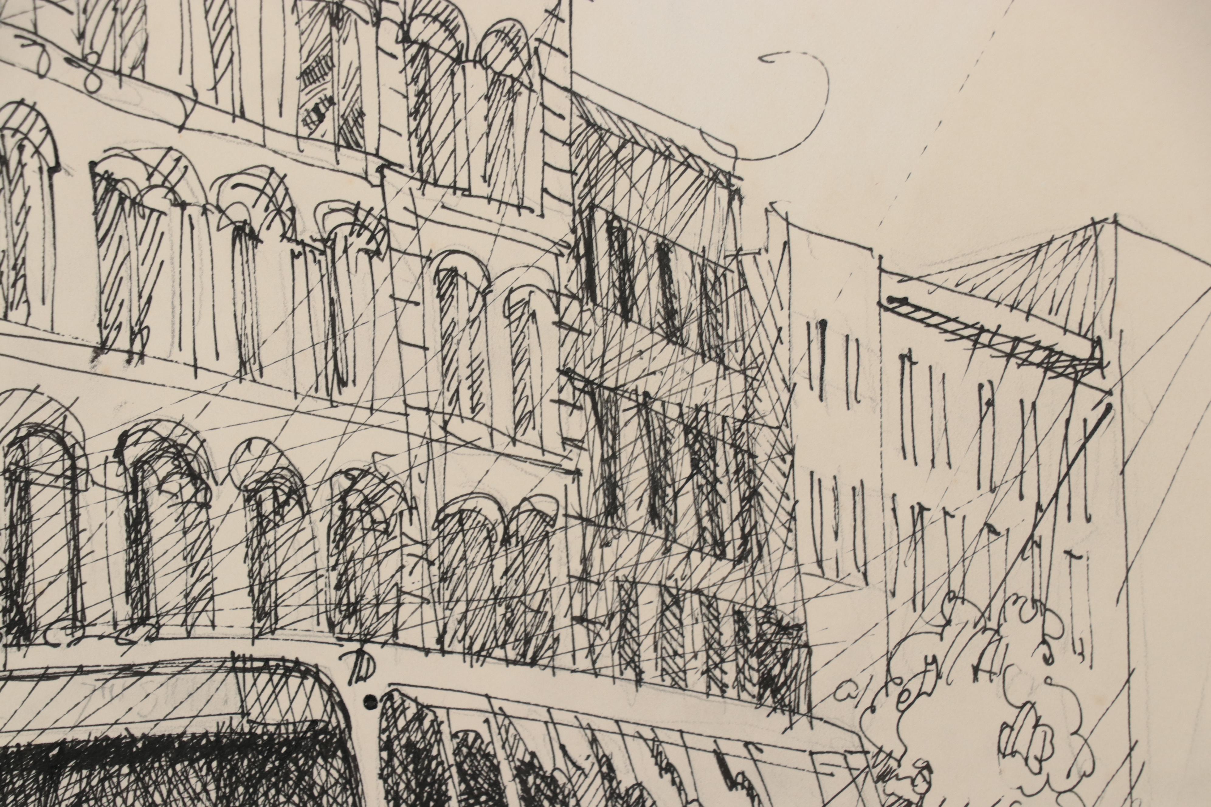 Jay Cantrell Pen and Ink Drawing of Downtown Street Scene, 1985