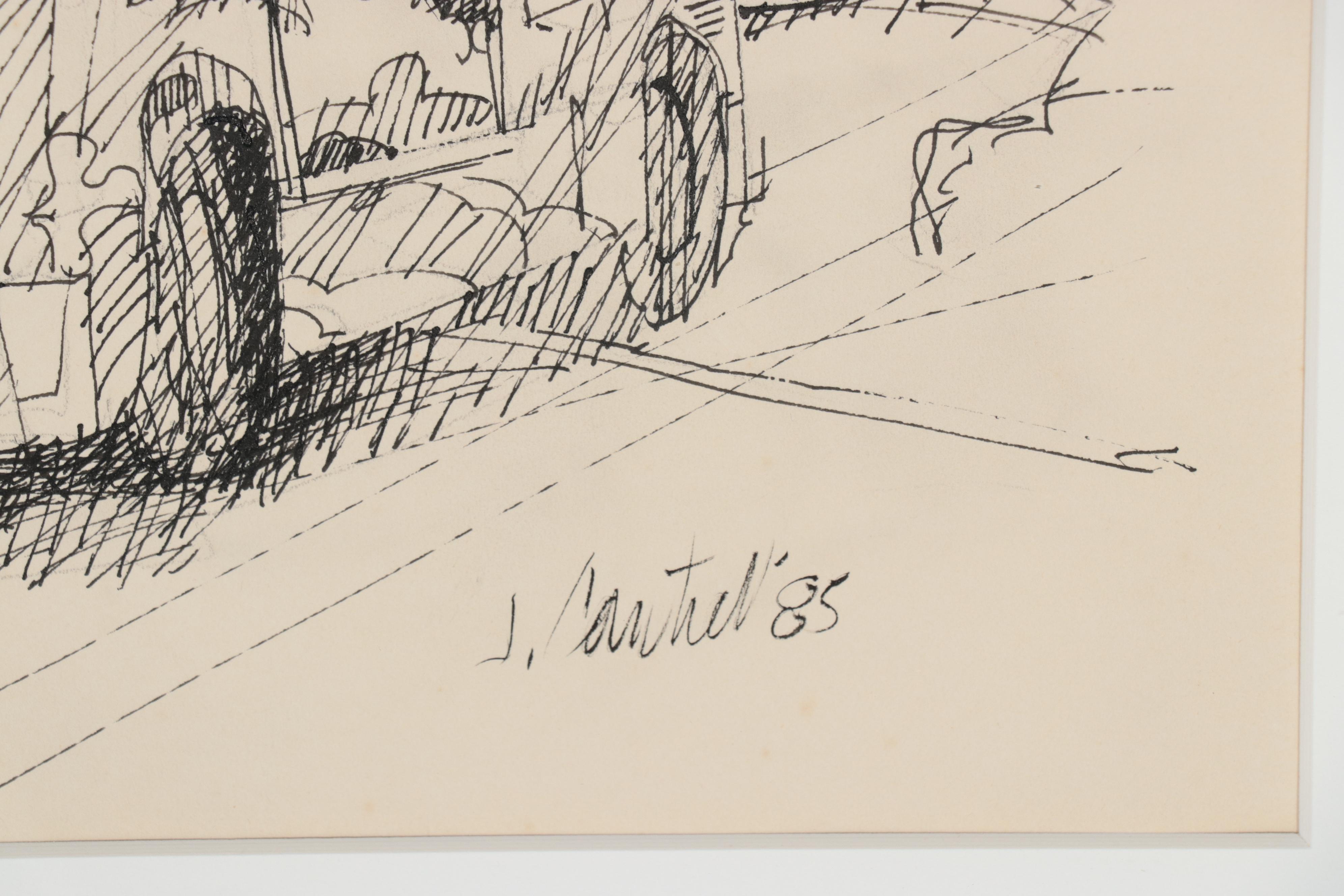 Jay Cantrell Pen and Ink Drawing of Downtown Street Scene, 1985