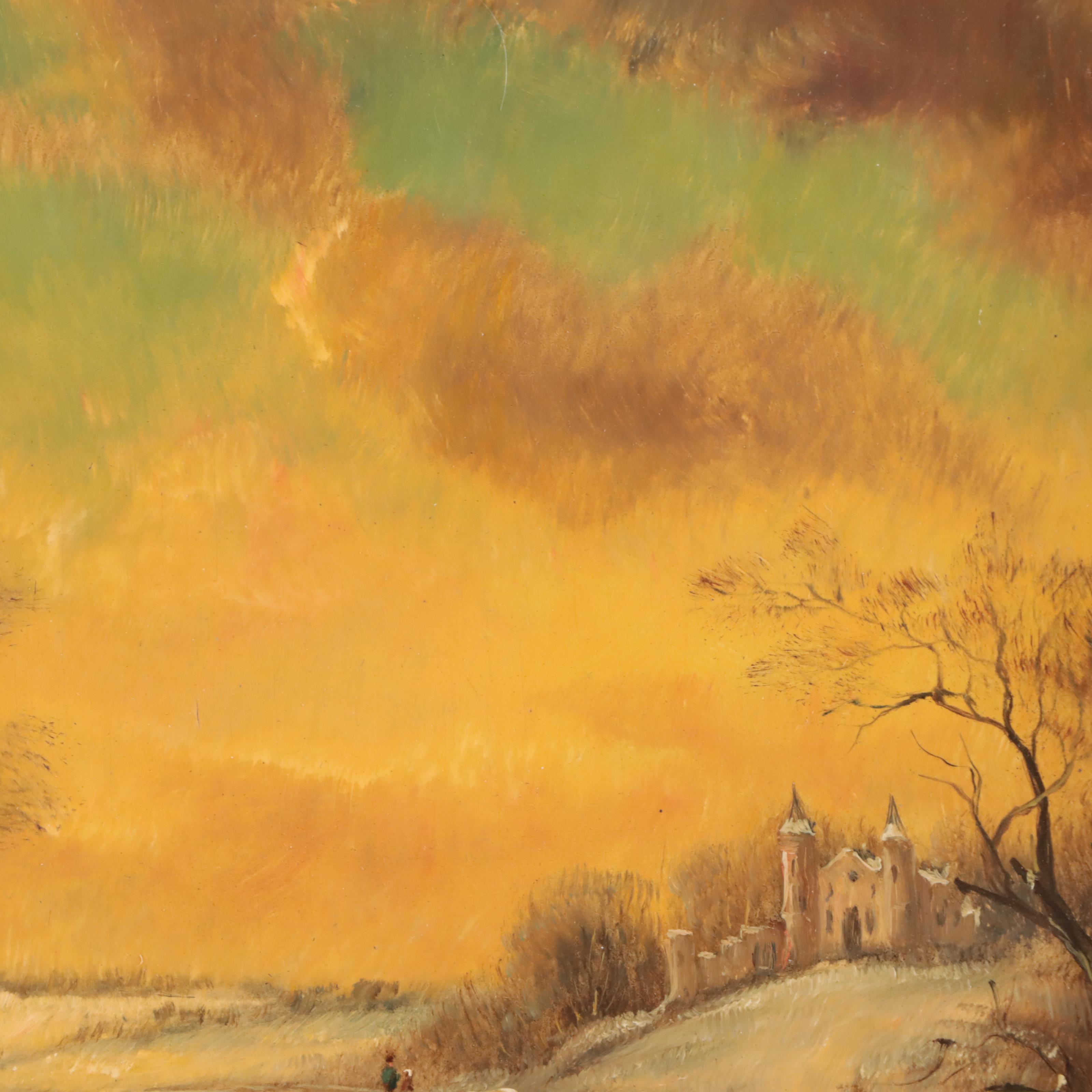 Stephan de Haan Dutch Landscape Oil Painting of Ice Skaters